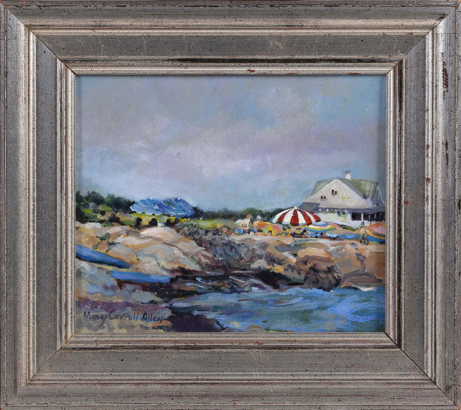 MARY CARROLL ALLEN (America, Contemporary), “Red Striped Umbrella”., Oil on board, (1 of 2)