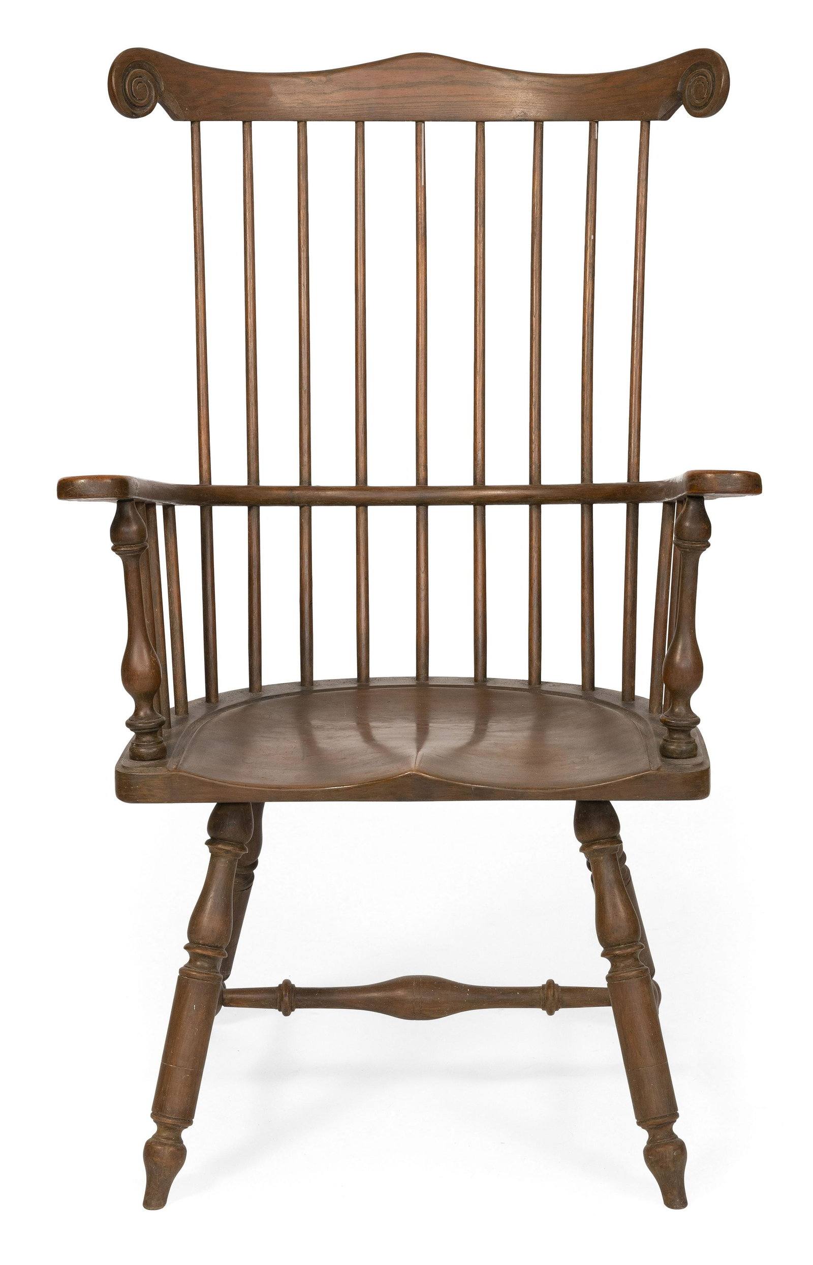 FREDERICK DUCKLOE & BROS. FAN-BACK WINDSOR ARMCHAIR Pennsylvania, 20th Century Back height: FREDERICK DUCKLOE & BROS. FAN-BACK WINDSOR ARMCHAIR Pennsylvania, 20th Century In walnut, with nicely scrolled ears and a saddle seat. Branded on underside; includes registration number. Back height 4