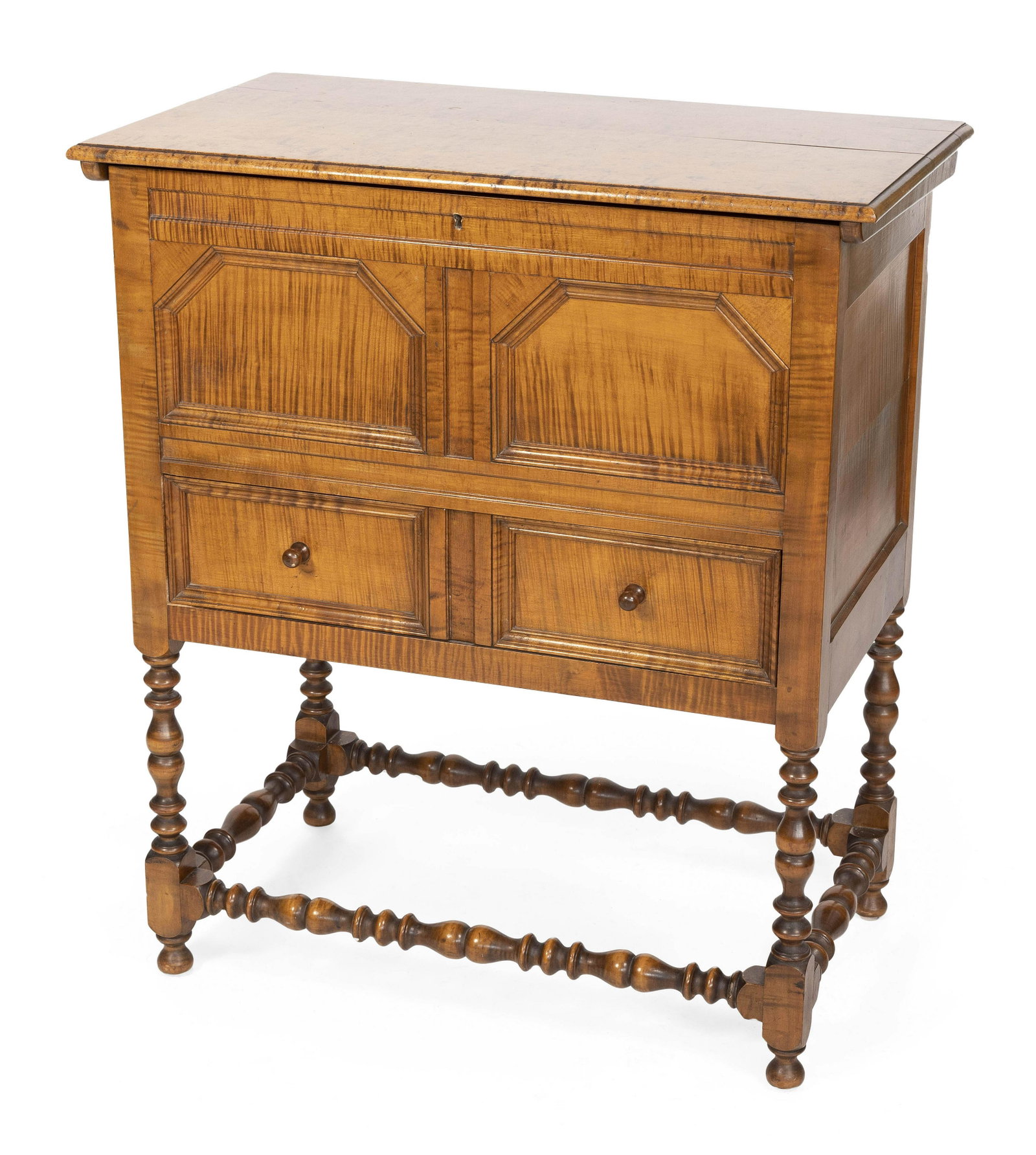 TIGER MAPLE CEDAR-LINED CHEST 20th Century Height 39”. Width 34”. Depth 19.5”.: TIGER MAPLE CEDAR-LINED CHEST 20th Century With lift top, paneled front, a full-width drawer and a turned stretcher base. Height 39”. Width 34”. Depth 19.5”.