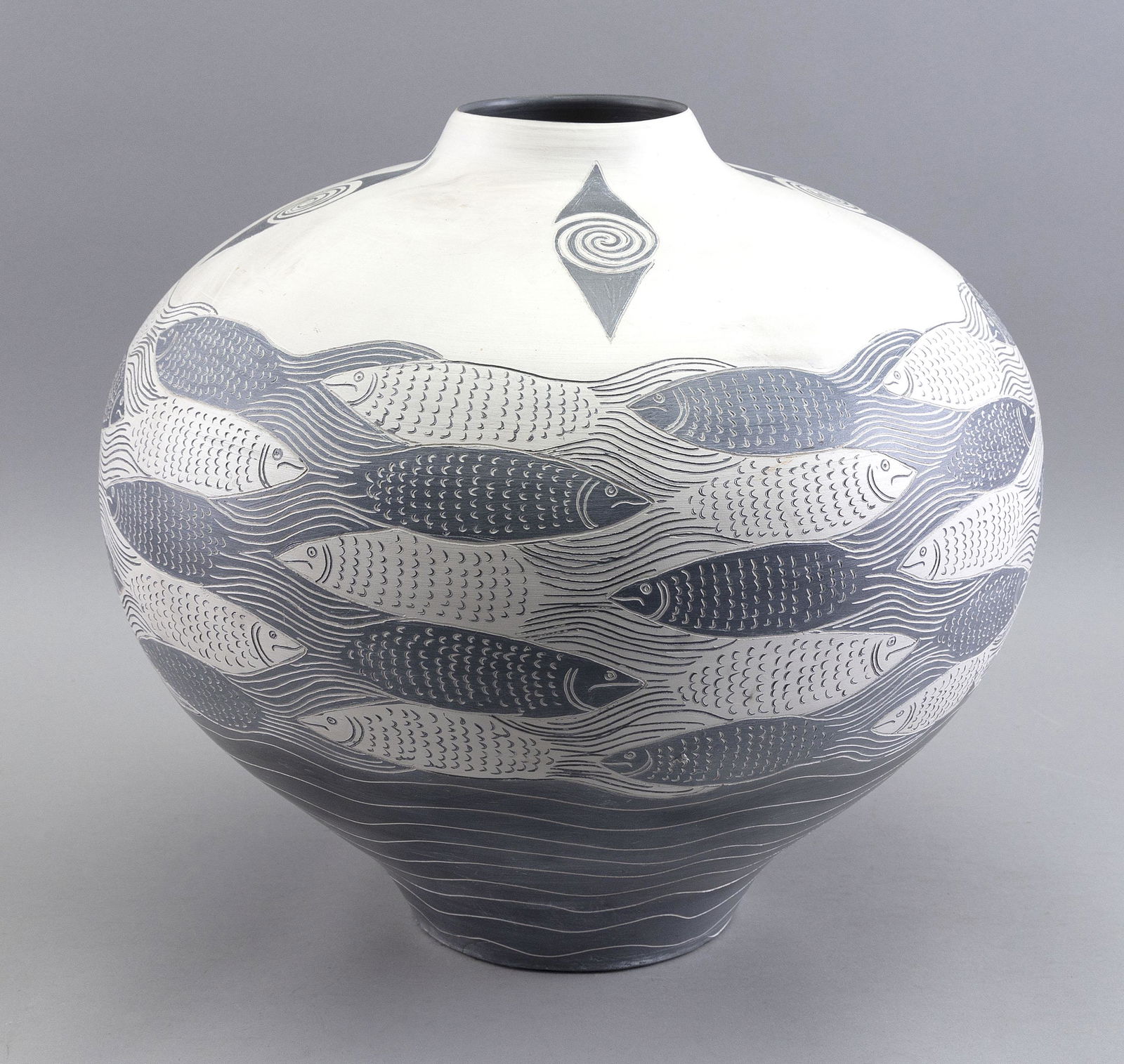 MELISSA LESLIE GREENE (America, b. 1957), Vase “Idluk: Fabulous Fish”., Earthenware, (1 of 4)