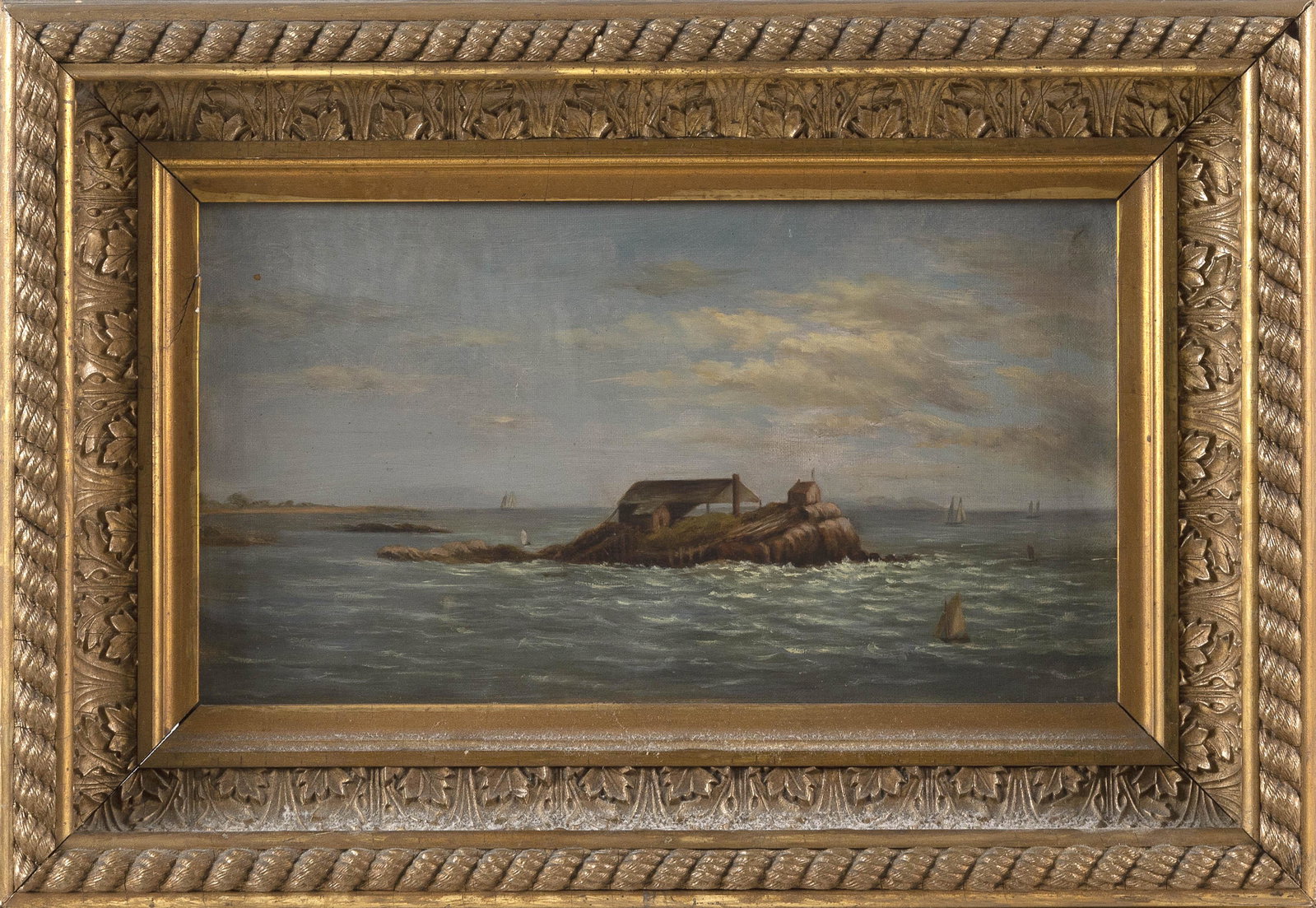AMERICAN SCHOOL (Early 20th Century,), Cottage on a small island, possibly Maine., Oil on board, 8": AMERICAN SCHOOL Early 20th Century Cottage on a small island, possibly Maine. Unsigned. Oil on board, 8" x 14". Framed 13" x 19.5". Dimensions: Oil on board, 8" x 14". Fr