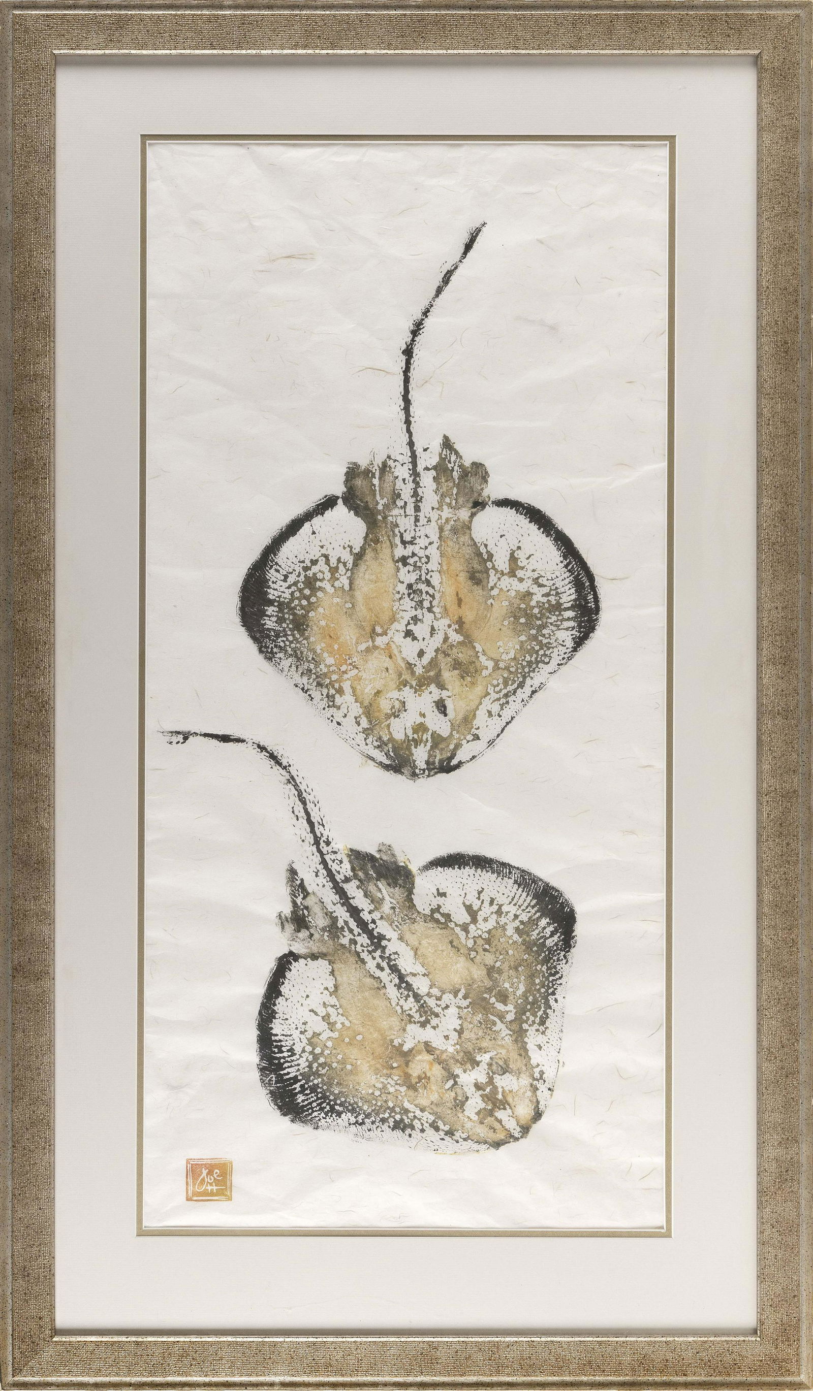 JOE HIGGINS (Massachusetts, Contemporary), Two skates., Gyotaku print on handmade paper, 34.5” (1 of 2)