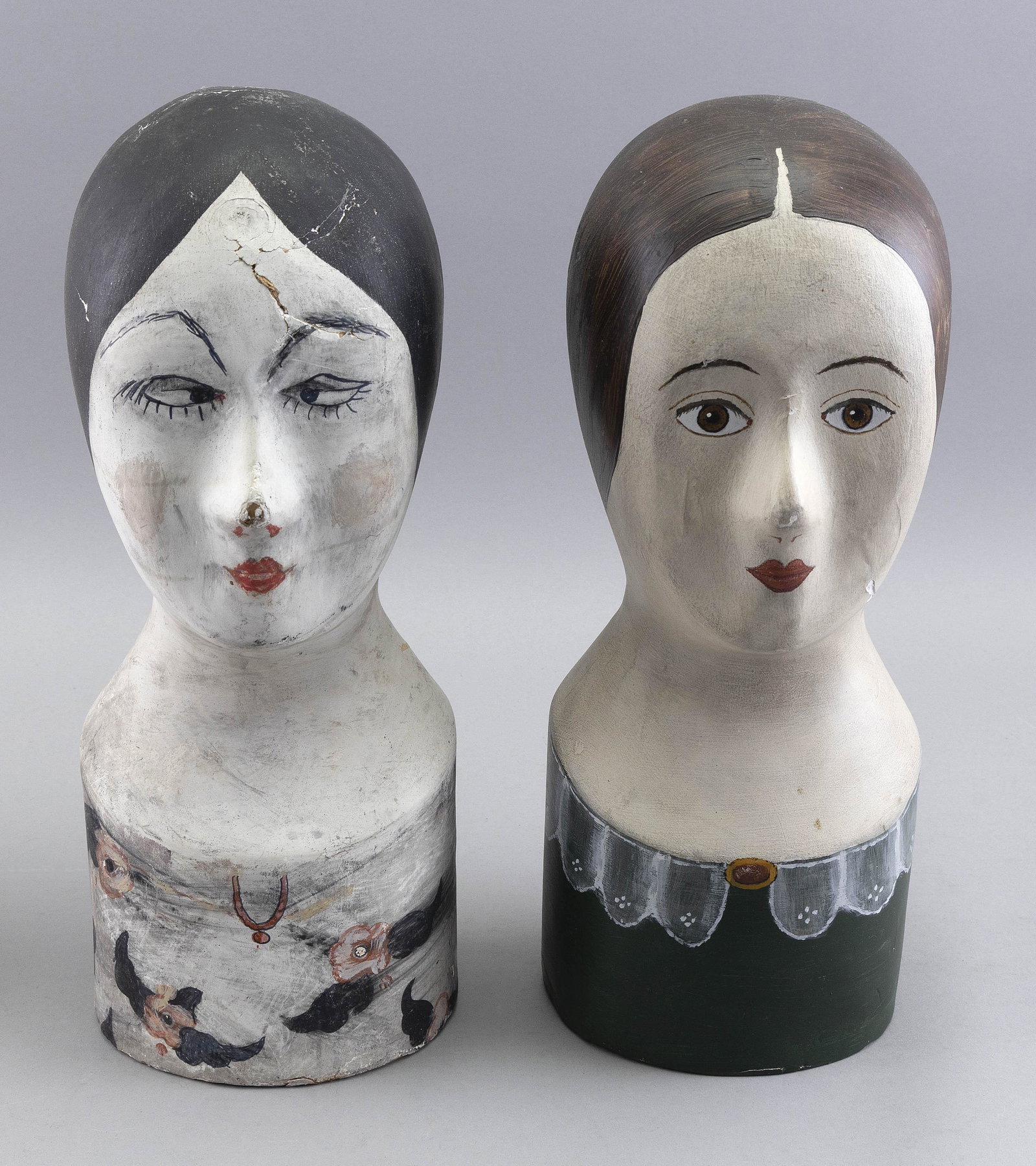 TWO FRENCH PAPIER-MÂCHÉ HEADS OF WOMEN 20th Century Heights 15”. (1 of 3)