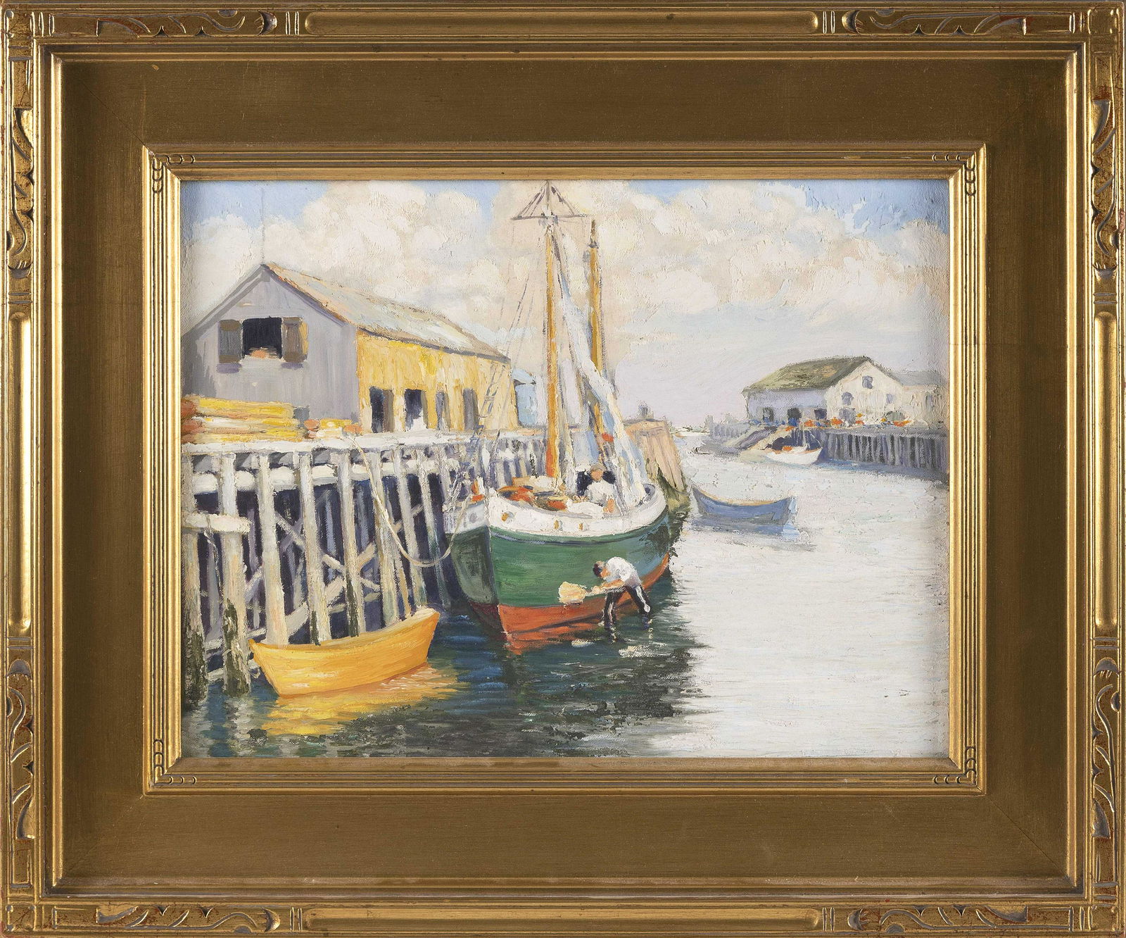 PROVINCETOWN SCHOOL (Mid-20th Century,), Boats at the wharf., Oil on canvas board, 12" x 16". Framed (1 of 2)