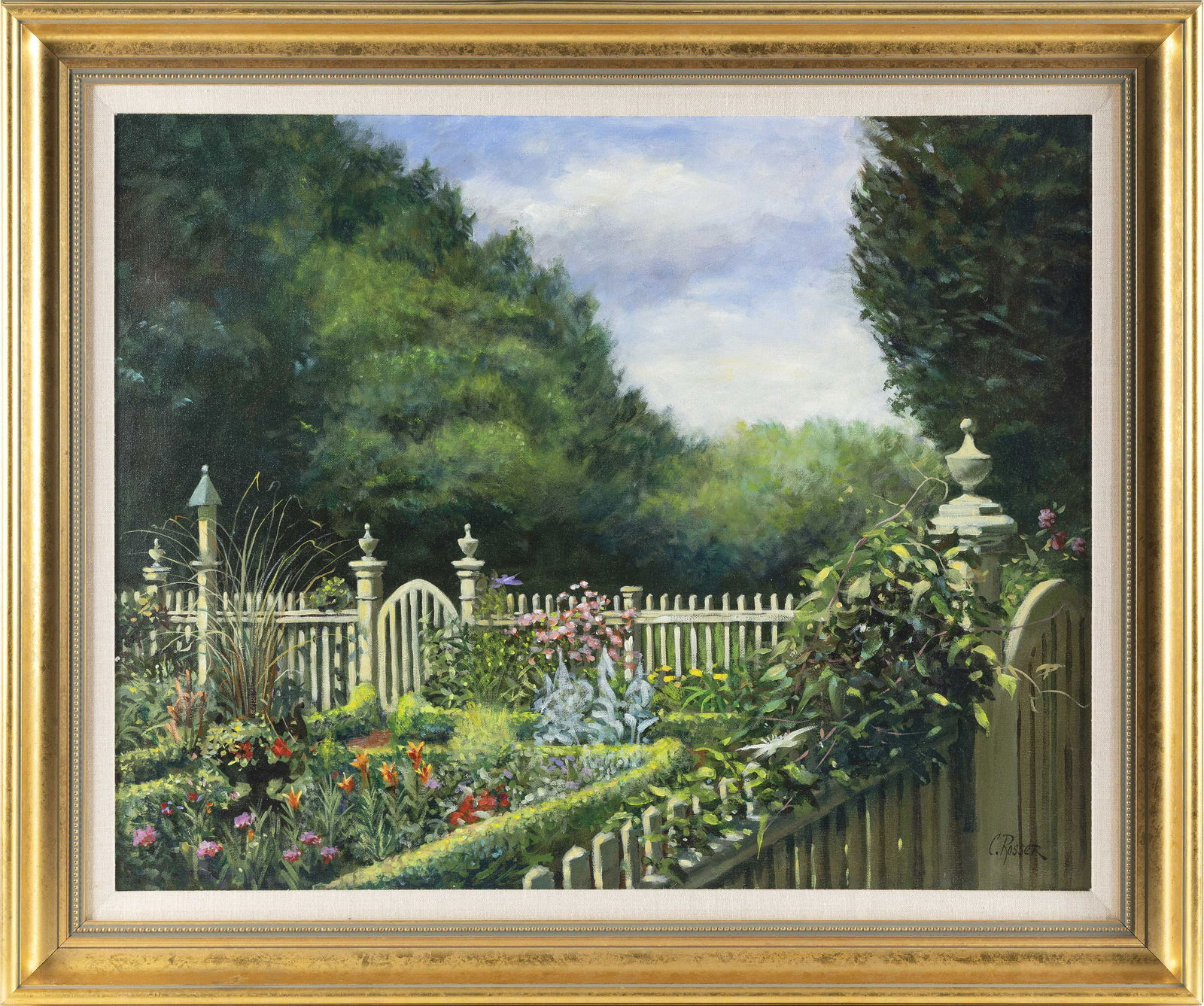 CURTIS ROSSER (Massachusetts, 1927-2005), Garden landscape., Oil on canvas, 24" x 30". Framed 30.5" (1 of 2)