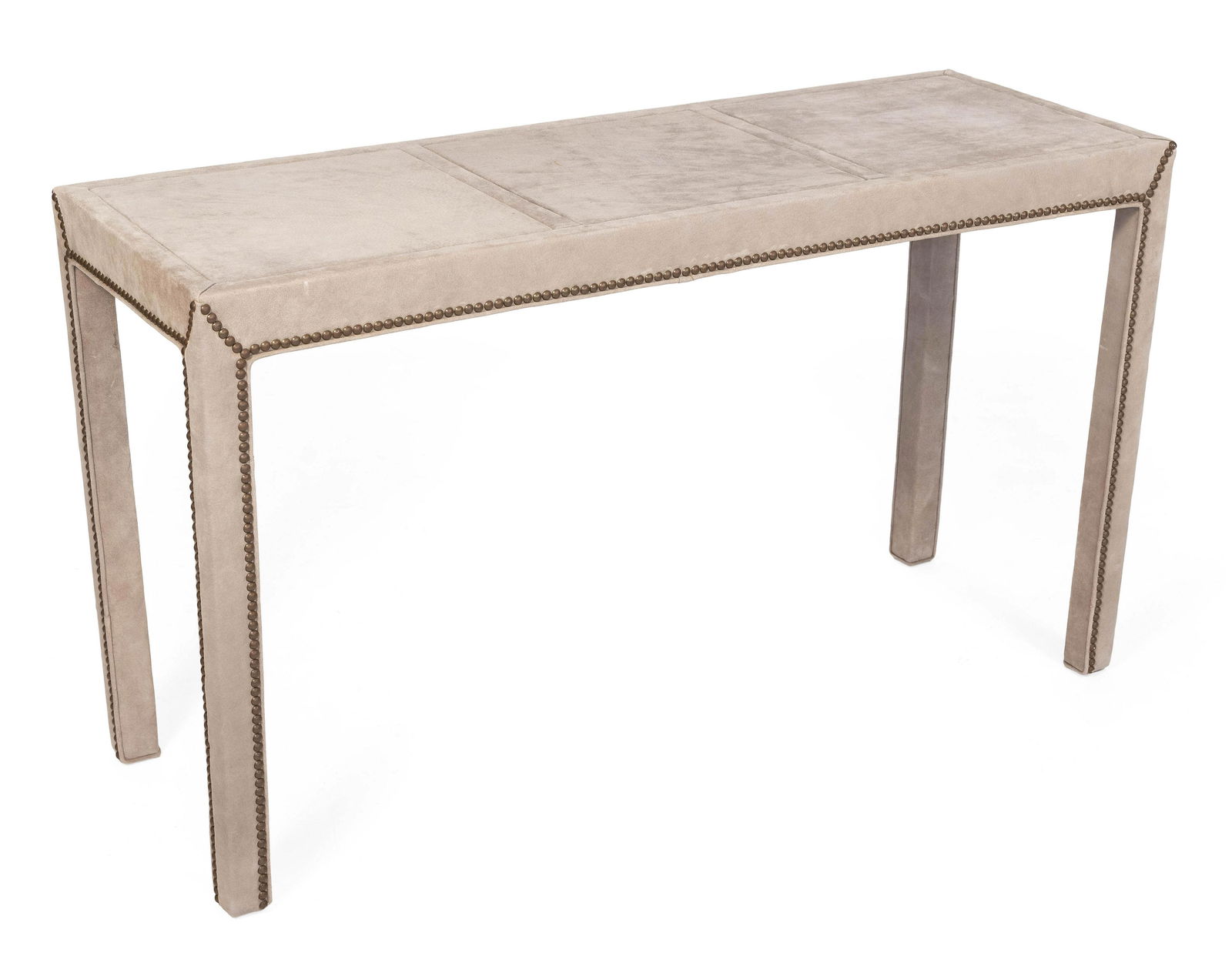 SUEDE-COVERED CONSOLE TABLE Late 20th Century Height 30”. Width 53”. Depth 19”. (1 of 1)
