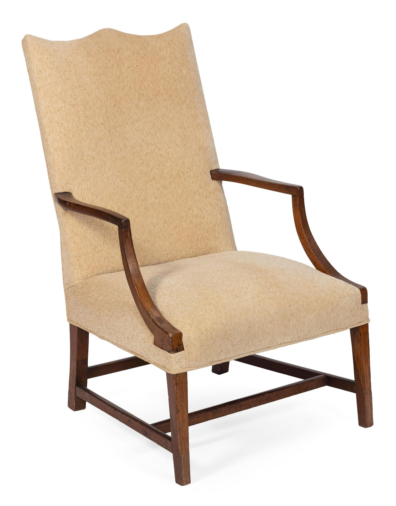 FEDERAL LOLLING CHAIR Massachusetts, Circa 1800 Back height 40.5”. Seat height 18”.: FEDERAL LOLLING CHAIR Massachusetts, Circa 1800 Back with shield crest. Arms and legs with string inlay. Tapered front legs joined by an H-stretcher. Beige upholstery. Back height 40.5”. Seat he