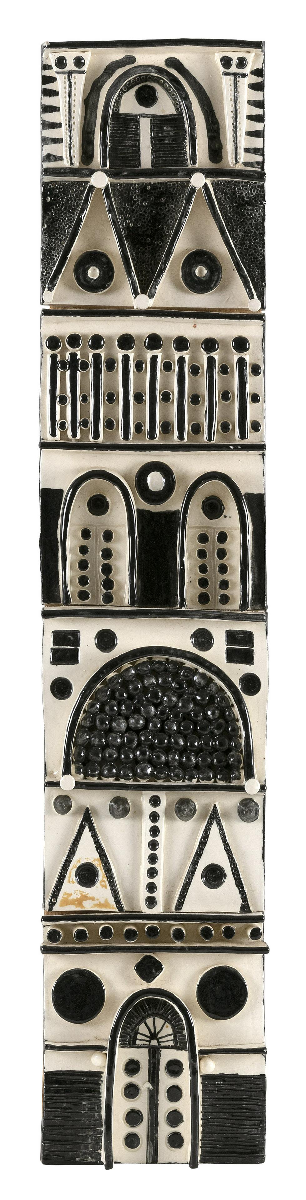 JOHN FFRENCH (Ireland/Massachusetts, 1928-2010), “No. A7”., Ceramic mounted on wood,: JOHN FFRENCH Ireland/Massachusetts, 1928-2010 “No. A7”. Black and white architectural panel. Signed and titled verso. Ceramic mounted on wood, height 29.5”. Width 6”. Dimension