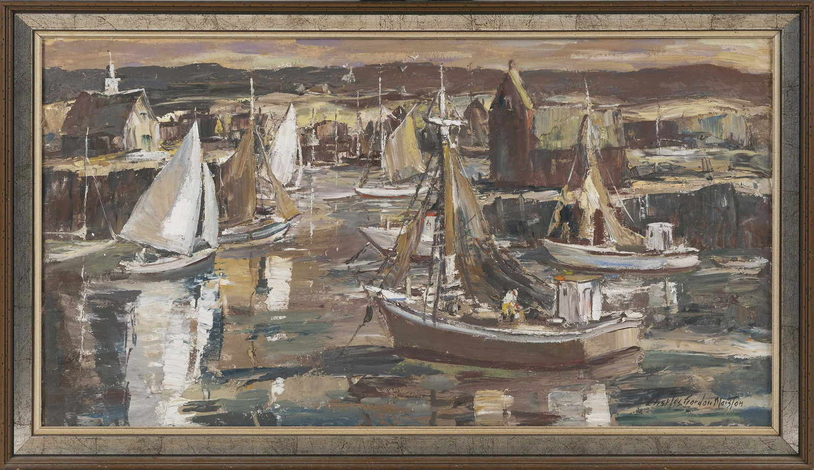 CHARLES GORDON MARSTON (Massachusetts, 1898-1980), Harbor scene., Oil on canvas, 16" x 29.5". Framed (1 of 2)