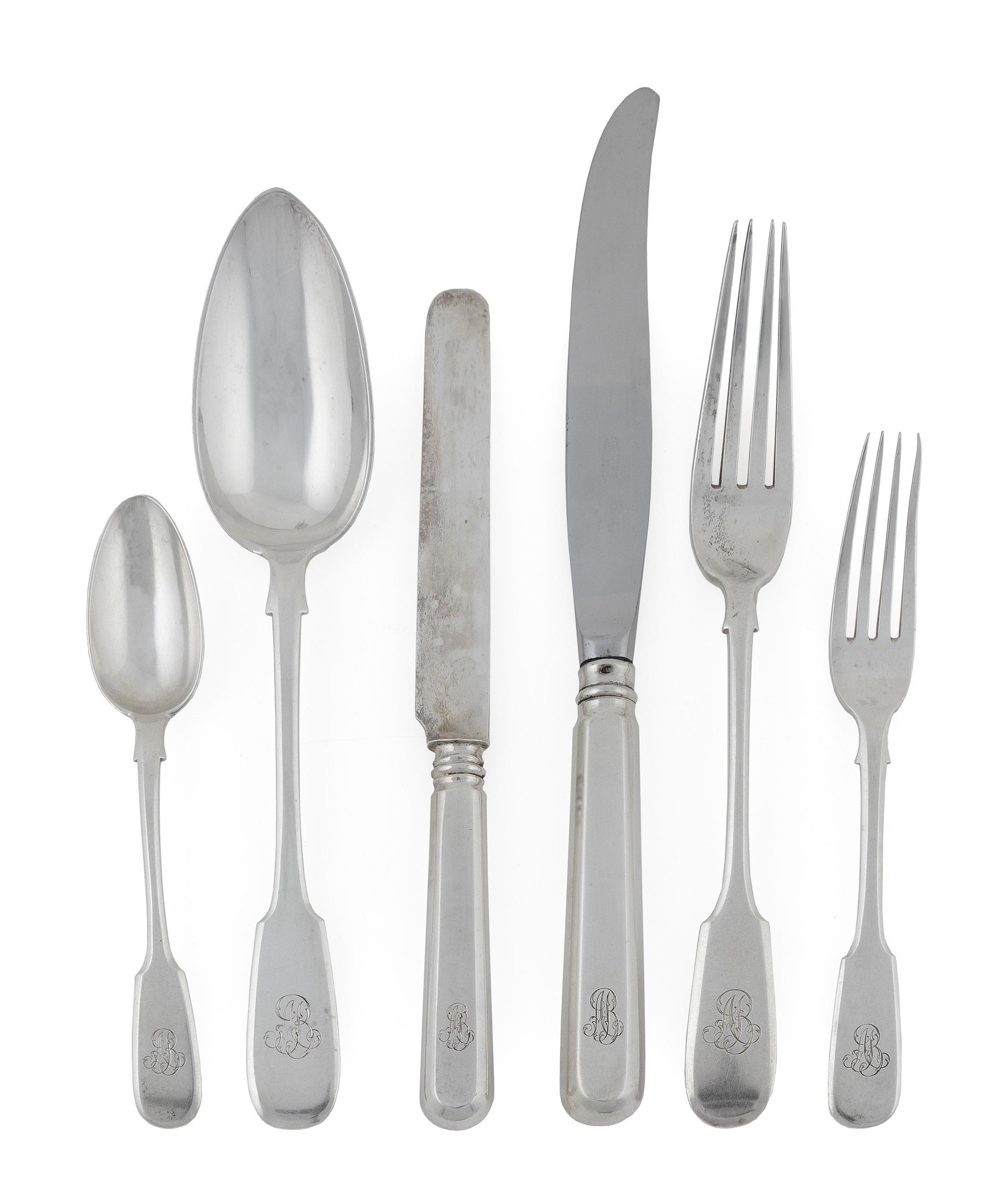 IMPERIAL RUSSIAN FABERGE SILVER FLATWARE SET Late 19th Century Approx. 93.0 troy oz.: IMPERIAL RUSSIAN FABERGE SILVER FLATWARE SET Late 19th Century In a fiddle-shaped pattern with tapered edges. Marks of Karl Faberge; many also with maker's mark â€œA.A” and the date 1896. To