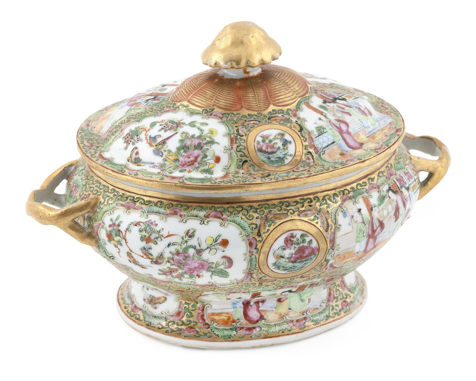 CHINESE EXPORT ROSE MANDARIN PORCELAIN COVERED TUREEN Mid-19th Century Height 9.5”. Length (1 of 3)