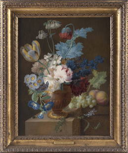 IN THE MANNER OF RACHEL RUYSCH (The Netherlands, 19th Century or Earlier), Floral still life., Oil: IN THE MANNER OF RACHEL RUYSCHThe Netherlands, 19th Century or EarlierFloral still life. Untraced signature in lower right. Frame plaque marked “Rachel Ruysch 1693”.Oil on cradled board, 1