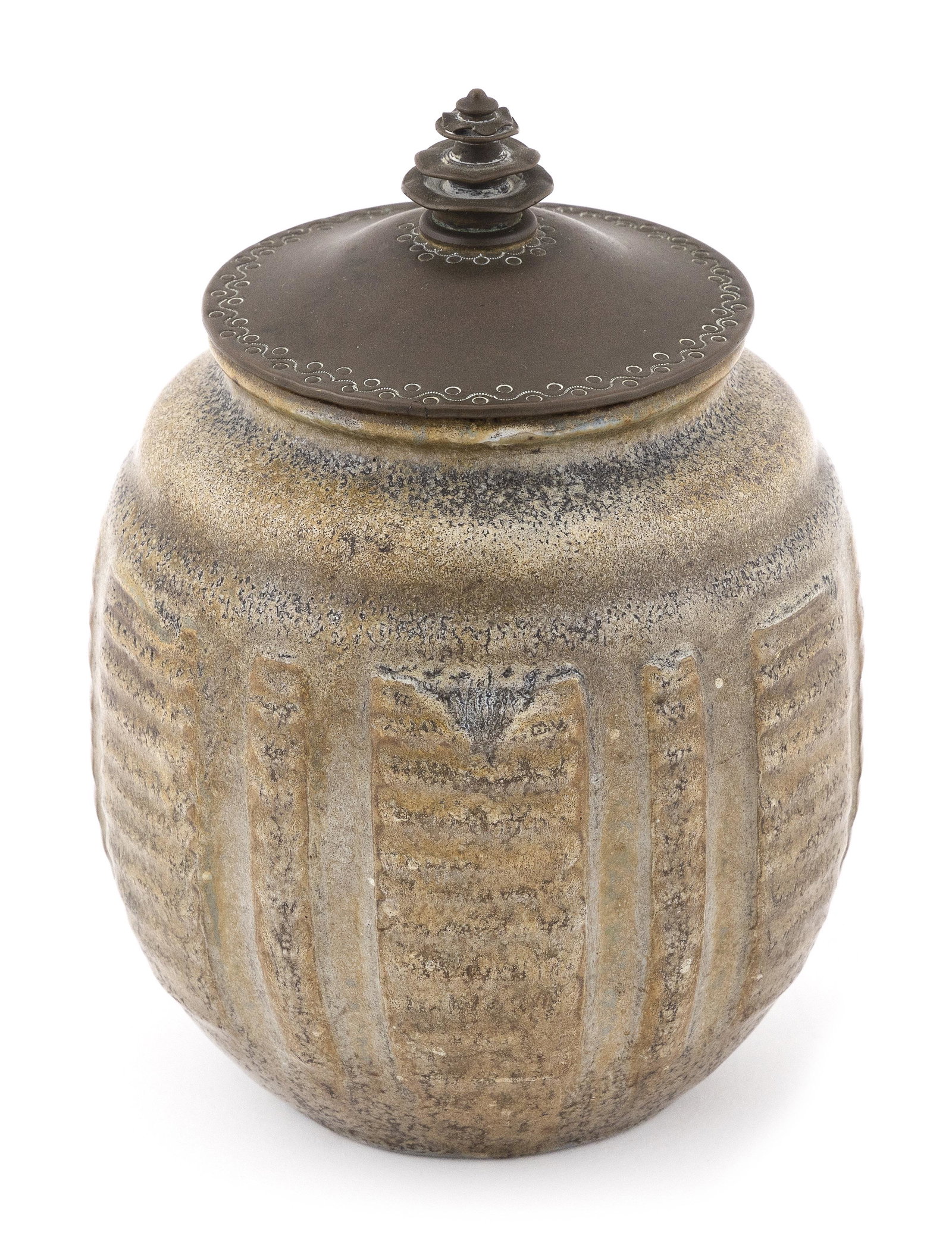 PATRICK NORDSTROM FOR ROYAL COPENHAGEN COVERED STONEWARE VESSEL Denmark, 1920 Height 7.25".: PATRICK NORDSTROM FOR ROYAL COPENHAGEN COVERED STONEWARE VESSEL Denmark, 1920 Glazed stoneware vessel with raised ribbed panels. Conforming brass top with etched border. Glazed signature on base with 