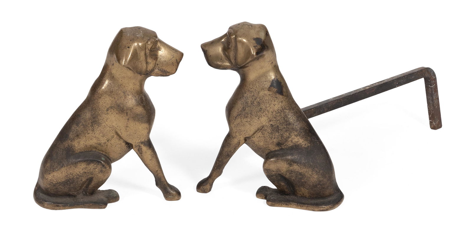 PAIR OF R.F.H. CLANCEY BRASS DOG-FORM ANDIRONS Needham, Massachusetts, Circa 1910 Heights 15". (1 of 1)