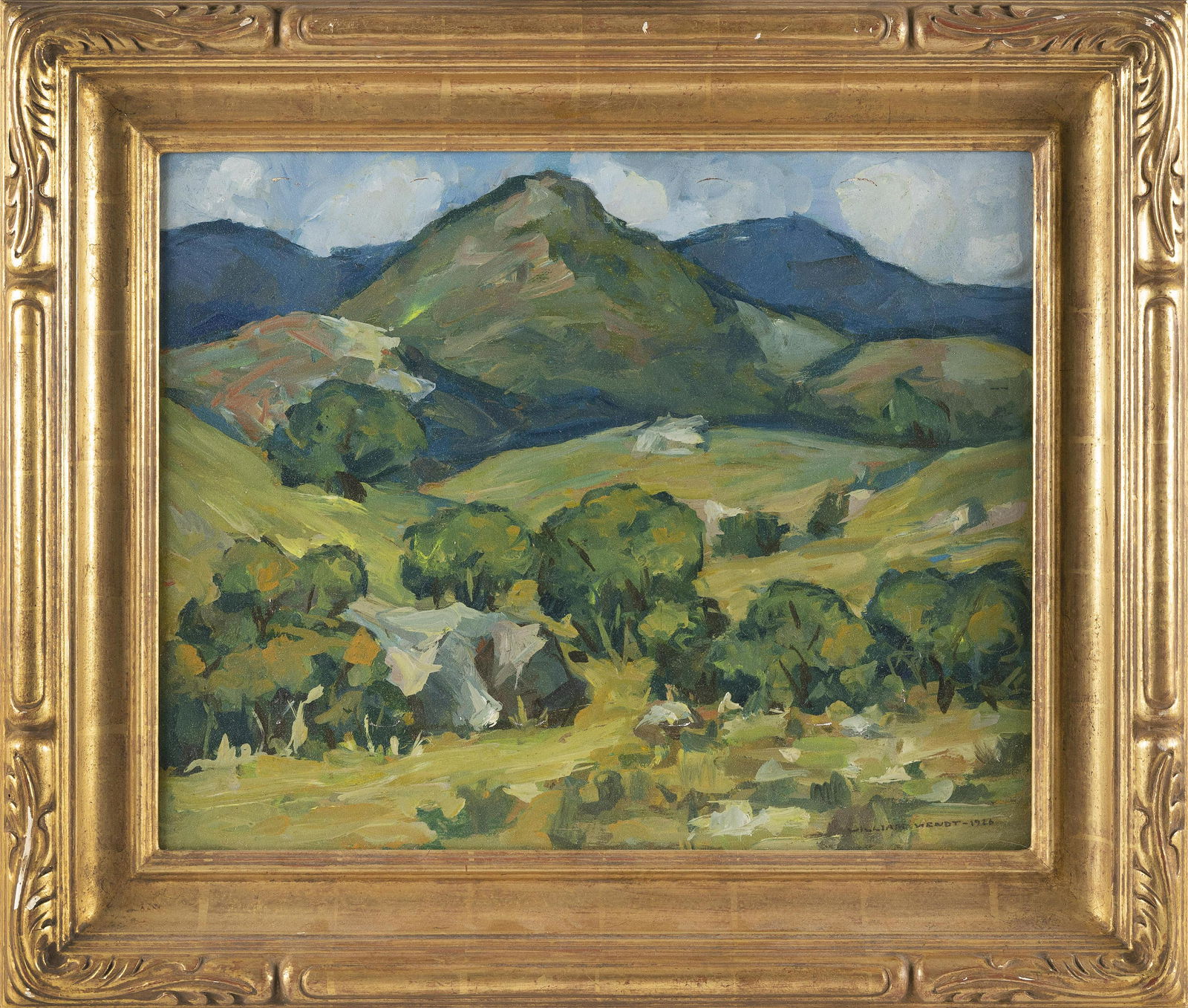 IN THE MANNER OF WILLIAM WENDT (California/Illinois, 1865-1946), Farmers in a landscape., Oil on: IN THE MANNER OF WILLIAM WENDTCalifornia/Illinois, 1865-1946Farmers in a landscape. Signed and dated lower right â€œWilliam Wendt 1926”. Housed in a frame by Vandeuren, Los Angeles.Oil on ca