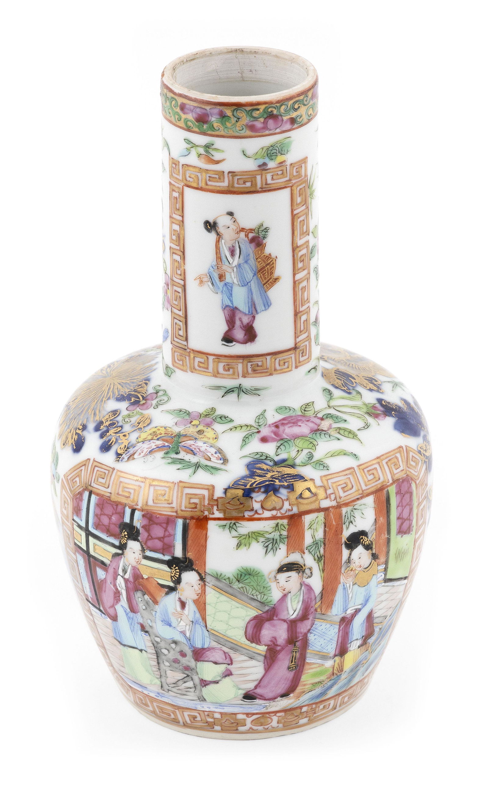 CHINESE EXPORT ROSE MANDARIN PORCELAIN BOTTLE VASE Mid-19th Century Height 7.25”. (1 of 3)