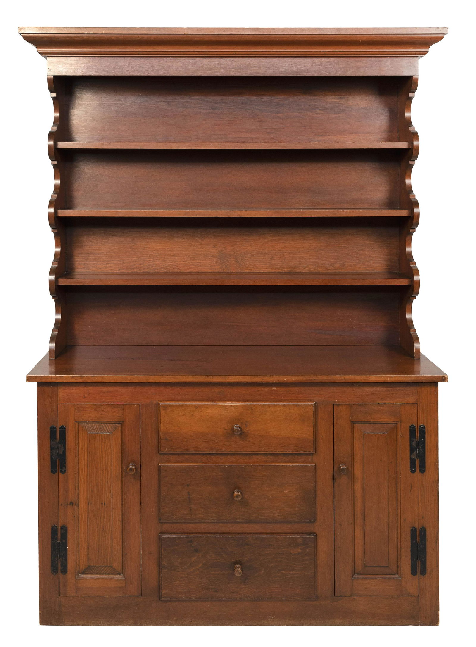 WALLACE NUTTING TWO-PART PEWTER CUPBOARD Massachusetts, Early 20th Century Height 75”. Width: WALLACE NUTTING TWO-PART PEWTER CUPBOARDMassachusetts, Early 20th CenturyIn pine. Brand on back.Height 75”. Width 50”. Depth 18”.