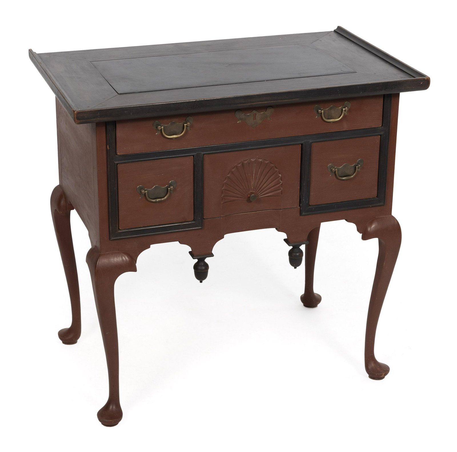 ELDRED WHEELER LOWBOY Massachusetts, 20th Century Height 30.5”. Width 31.5”. Depth: ELDRED WHEELER LOWBOY Massachusetts, 20th Century Red and black painted finish. Overhanging top inset with slate. One drawer with shell carving. Original Eldred Wheeler paper label inside a drawer. He