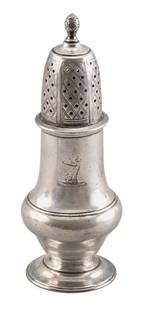 IMPORTANT EARLY AMERICAN SILVER CASTER BY JOHN COBURN OF BOSTON Circa 1750 Approx. 3.2 troy oz.: IMPORTANT EARLY AMERICAN SILVER CASTER BY JOHN COBURN OF BOSTONCirca 1750Engraved with the crest of the Storrow Family of Boston. Height 5.5".Approx. 3.2 troy oz.