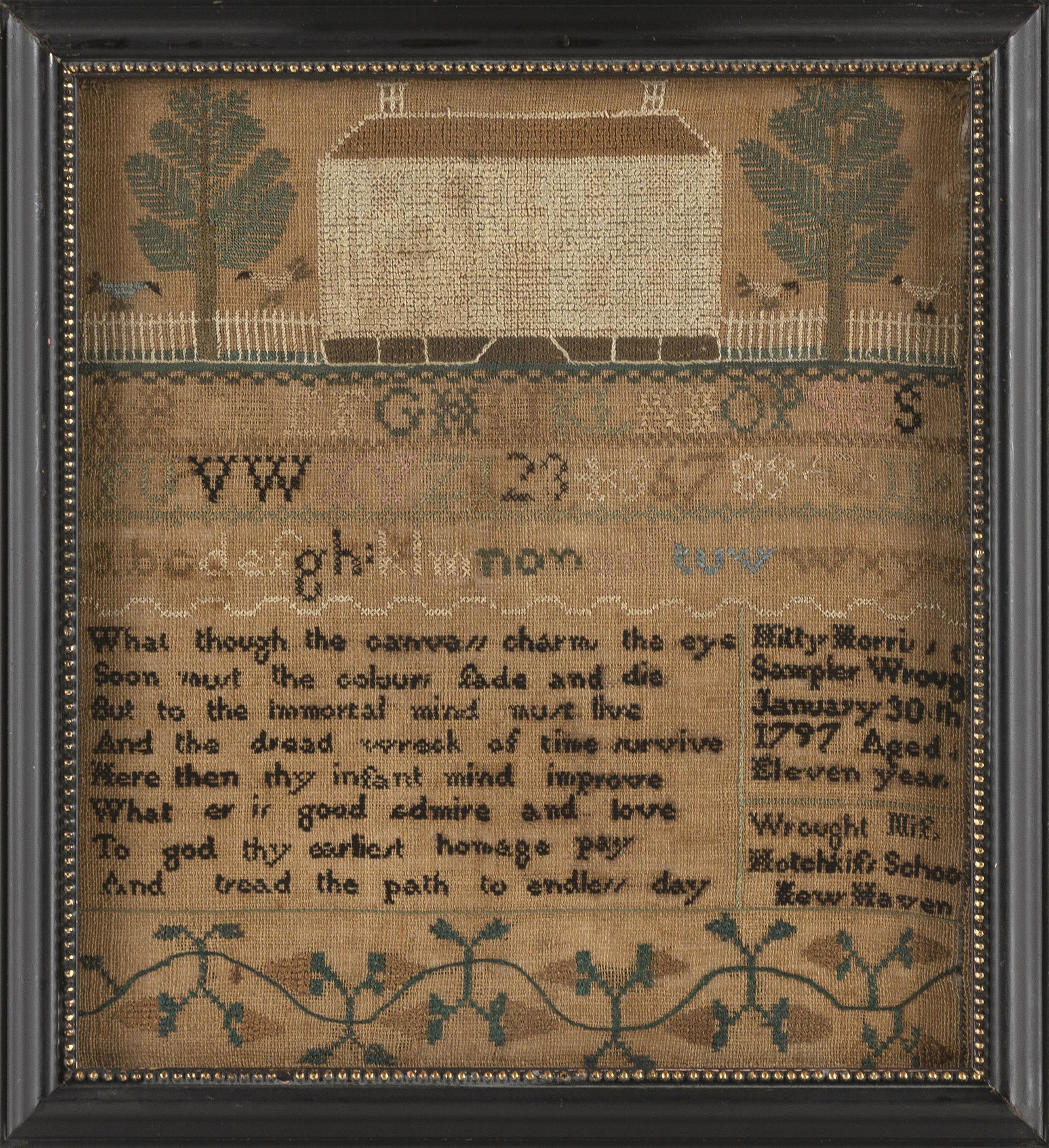 CONNECTICUT NEEDLEWORK SAMPLER Dated 1797 12” x 11” sight. Framed 14” x 13”. (1 of 2)