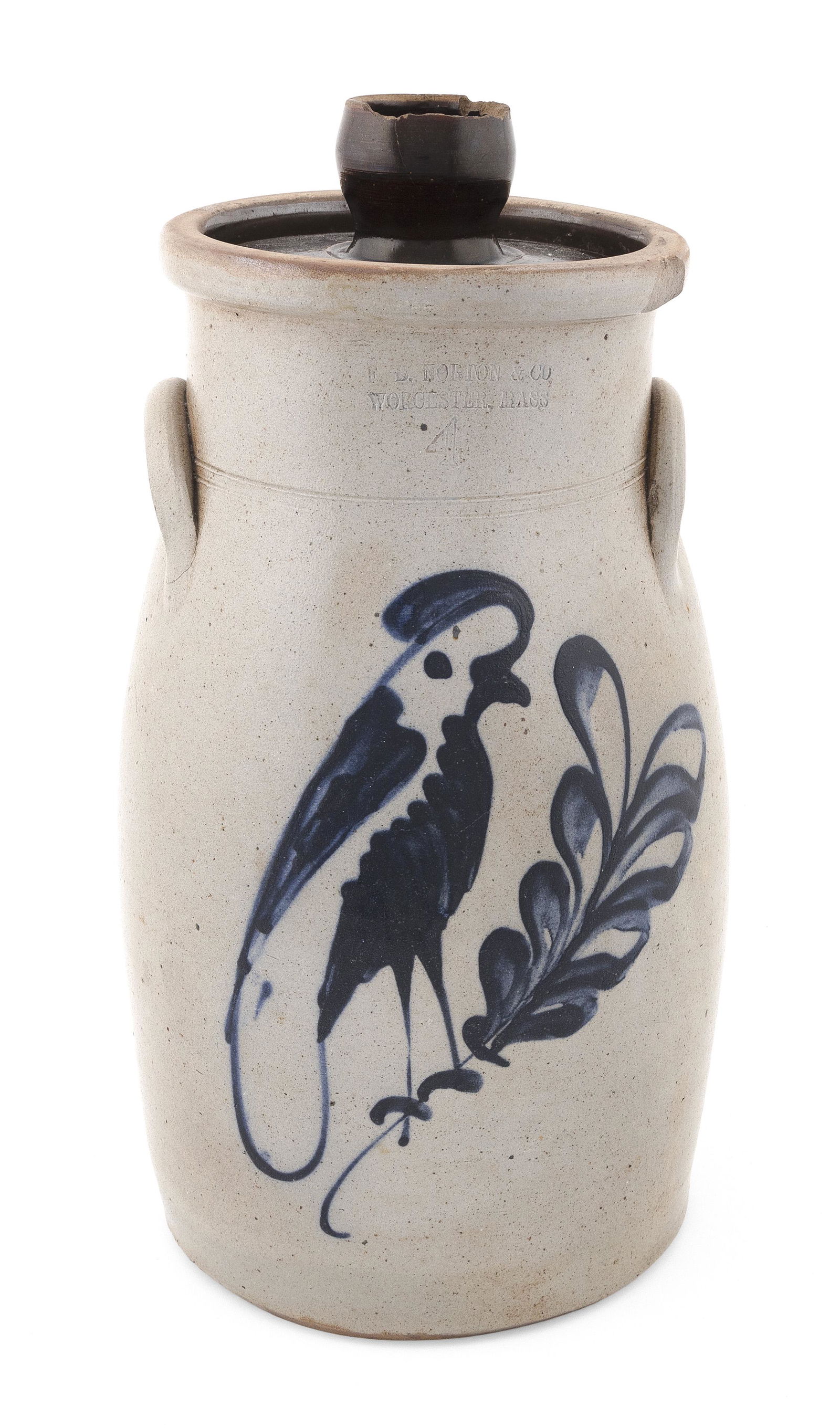 F.B. NORTON & CO. FOUR-GALLON STONEWARE BUTTER CHURN 19th Century Height 16". (1 of 2)