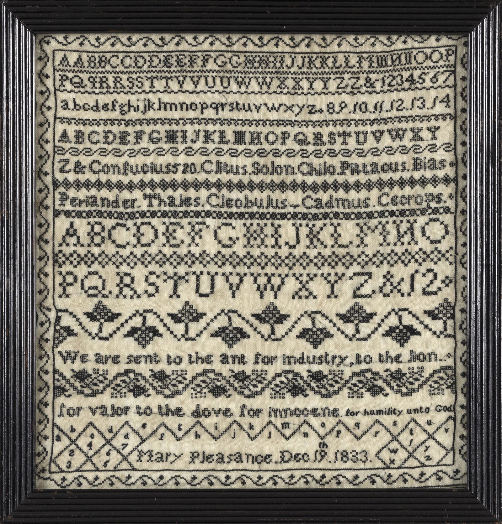 UNUSUAL NEEDLEWORK SAMPLER Dated 1833 11.75” x 11.25” sight. Framed 13.5” x (1 of 2)