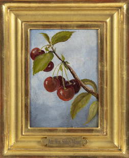 AMERICAN SCHOOL (19th Century,), Still life of cherries on a branch., Oil on board, 6.75" x 5".: AMERICAN SCHOOL 19th Century Still life of cherries on a branch. Unsigned. Frame plaque attributes the work to William Sidney Mount. Oil on board, 6.75" x 5". Framed 10" x 8.5". Dimensions: Oil on