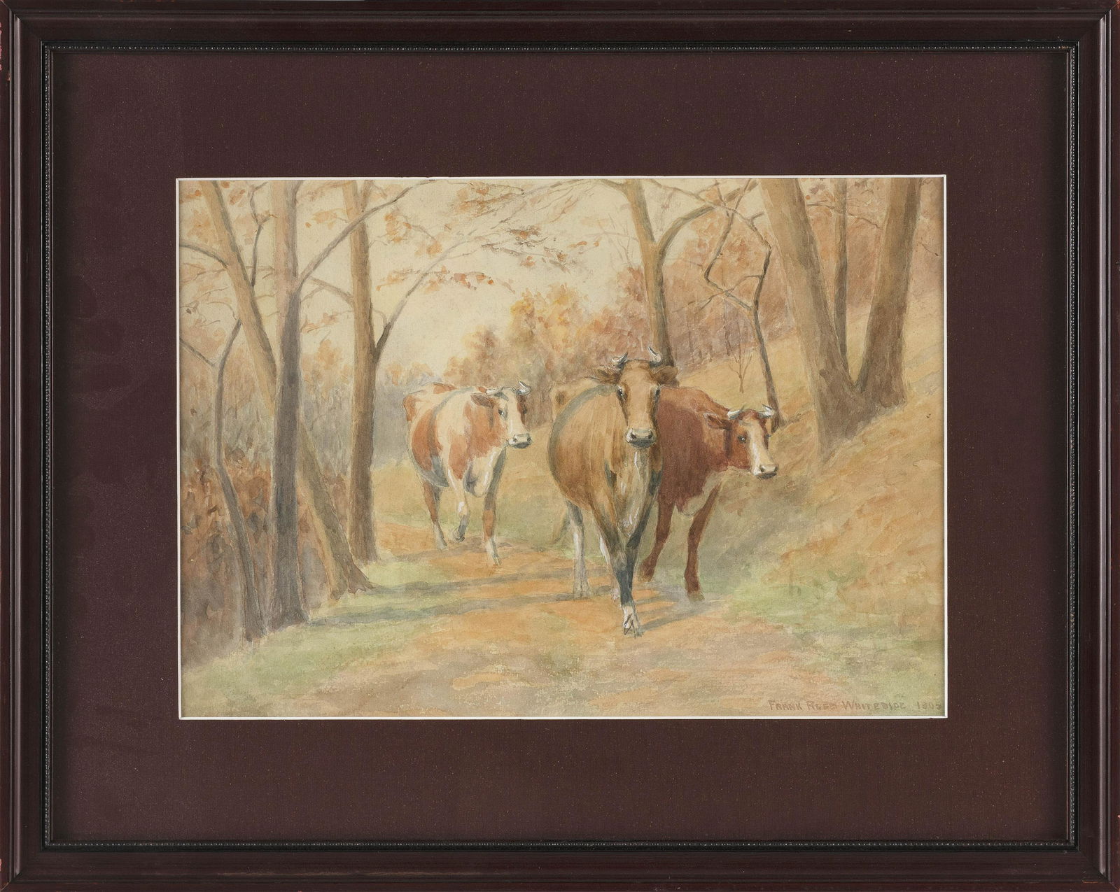 FRANK REED WHITESIDE (Pennsylvania/Maine, 1866-1929), Cows on a path., Watercolor on paper, 12" x: FRANK REED WHITESIDEPennsylvania/Maine, 1866-1929Cows on a path. Signed lower right "Frank Reed Whiteside".Watercolor on paper, 12" x 17". Framed 20" x 25". Dimensions: W