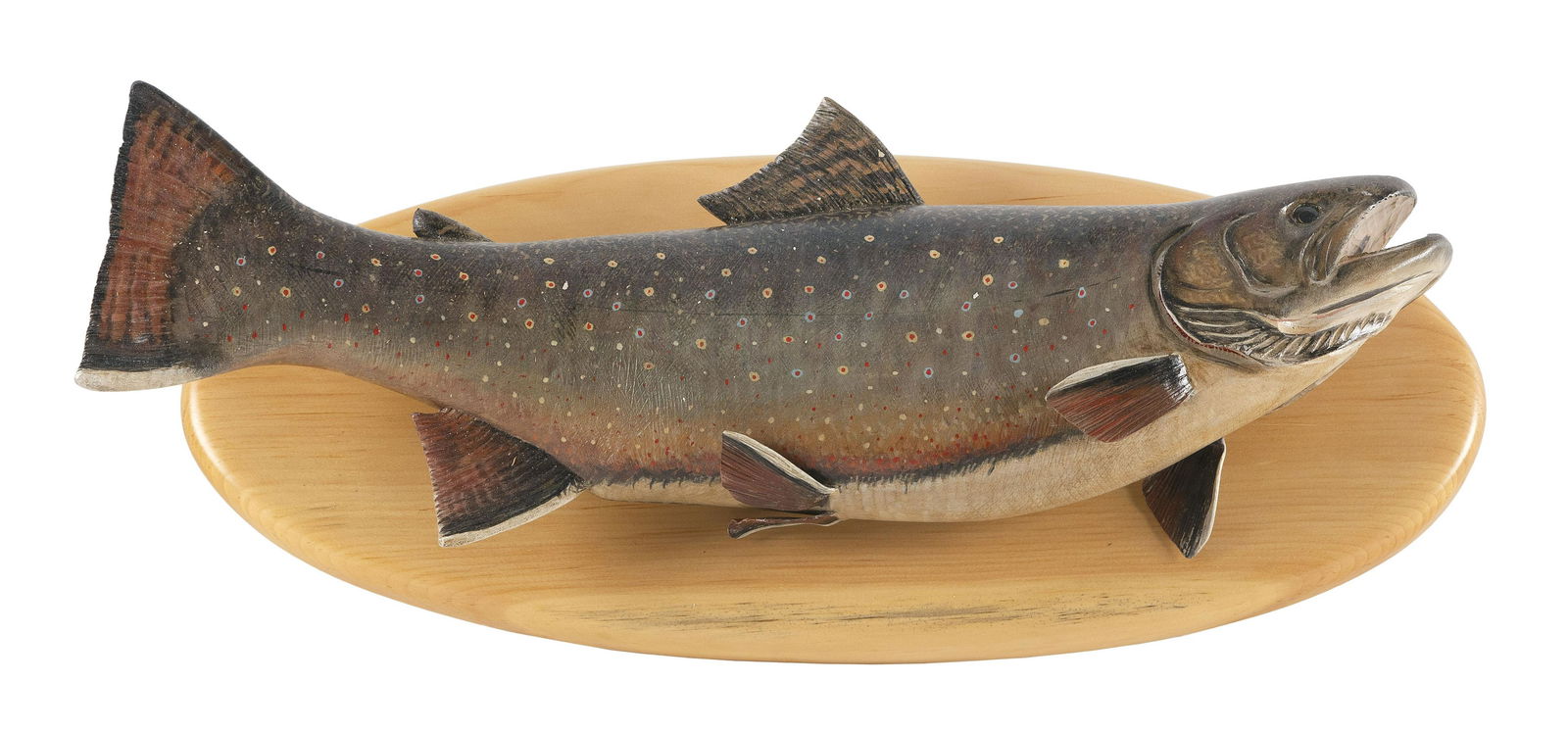 MIKE BORRETT CARVED BROOK TROUT Wisconsin, b. 1960 Trout length 20.5”. Backboard length (1 of 2)