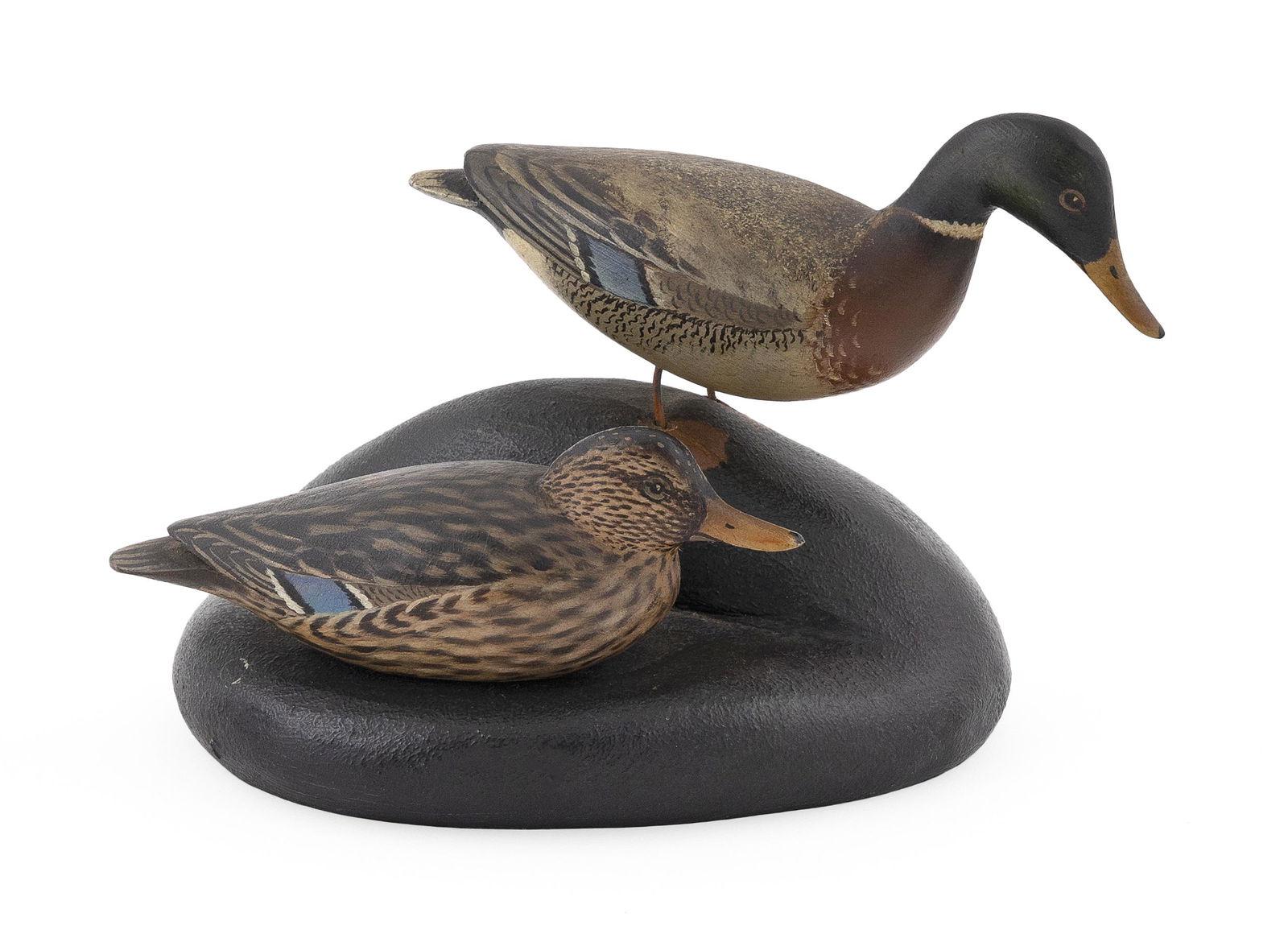 PAIR OF A. ELMER CROWELL MINIATURE MALLARDS East Harwich, Massachusetts, 1862-1952 Height 4”. (1 of 3)