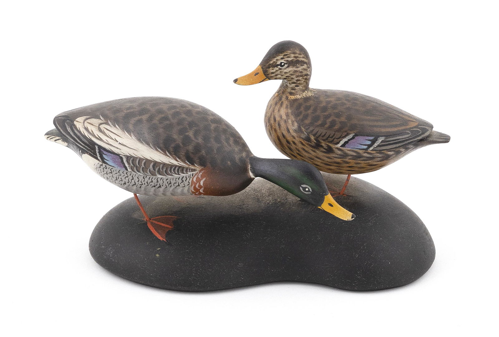 PAIR OF A. ELMER CROWELL MINIATURE MALLARDS East Harwich, Massachusetts, 1862-1952 Height 4”. (1 of 3)