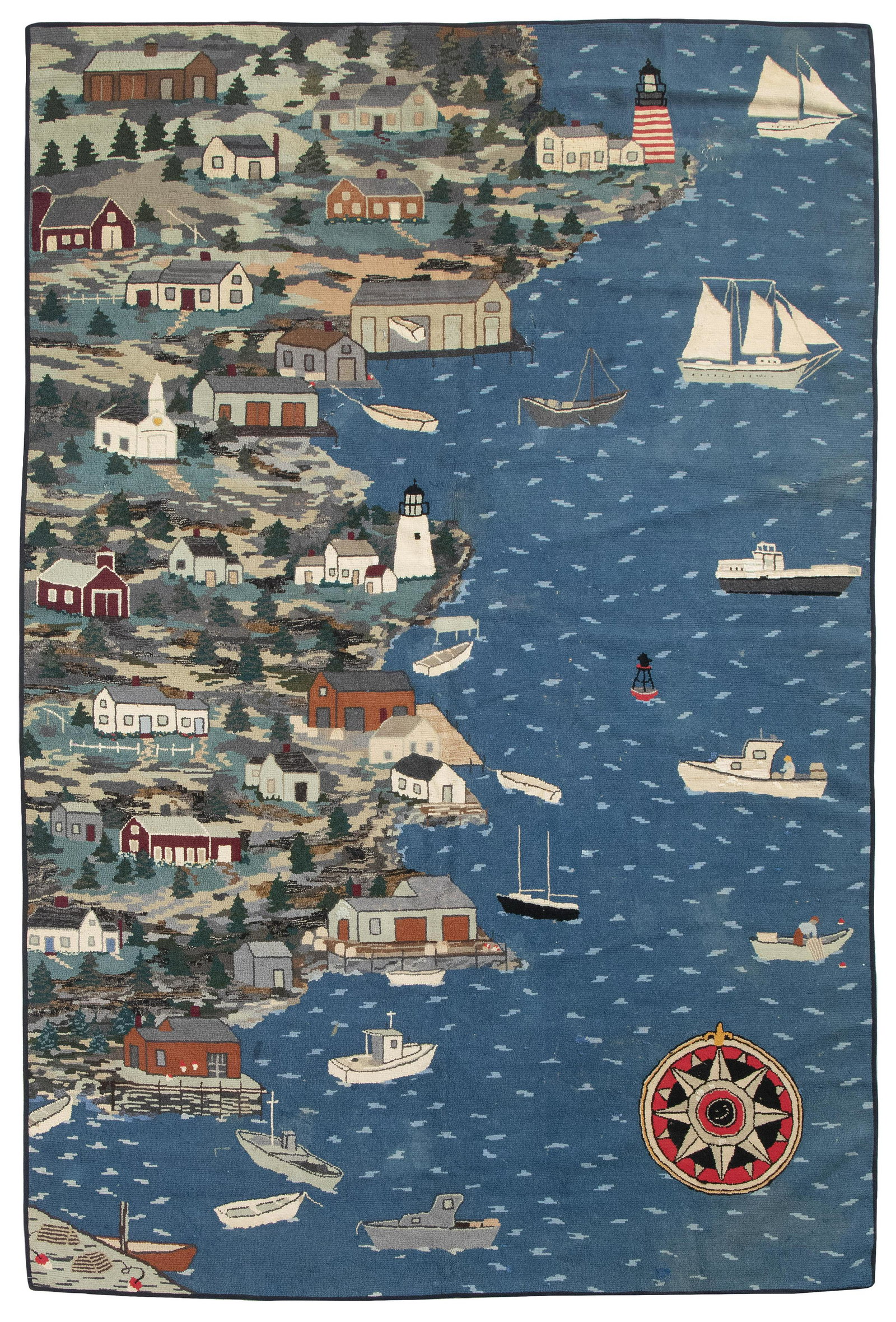 LARGE PICTORIAL HOOKED RUG DEPICTING CAMDEN, MAINE Camden, Maine, Circa 1973 9'8" x 6'7". (1 of 1)