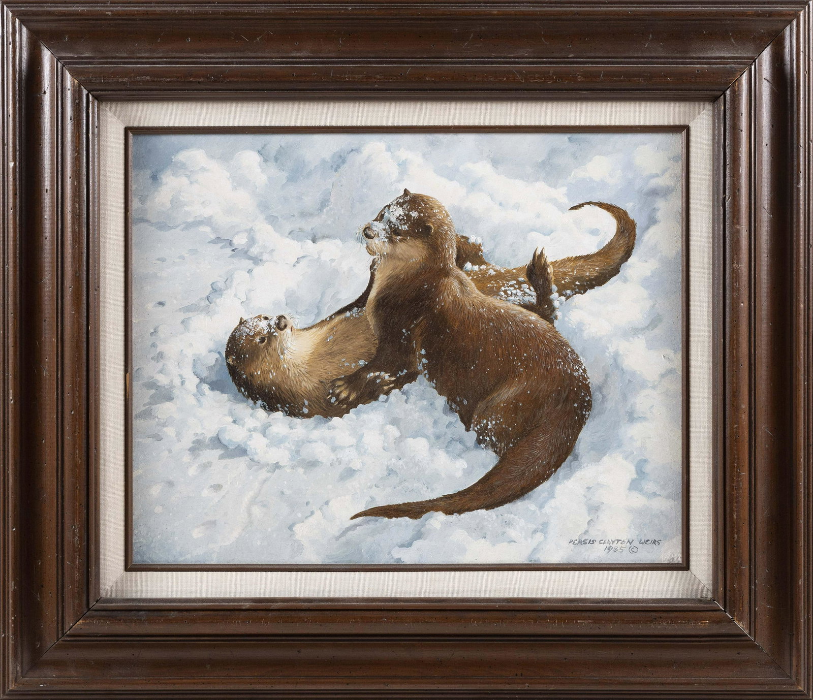 PERSIS CLAYTON WEIRS (Maine, 1942-2016), Otters., Oil on board, 14" x 18". Framed 22" x 26".: PERSIS CLAYTON WEIRS Maine, 1942-2016 Otters. Signed and dated lower right "Persis Clayton Weirs 1985". Oil on board, 14" x 18". Framed 22" x 26". Dimensions: Oil on boar