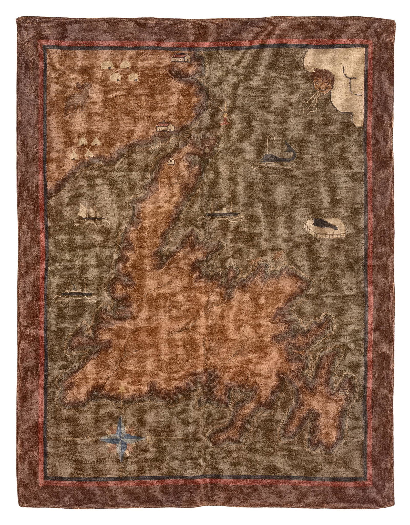 GRENFELL PICTORIAL HOOKED MAT Newfoundland/Labrador, 20th Century 41" x 31". (1 of 2)
