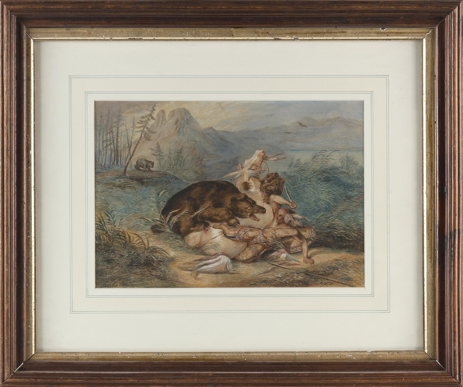 AMERICAN SCHOOL (19th Century,), A Native American fighting off a bear., Watercolor on paper, 9" x: AMERICAN SCHOOL 19th Century A Native American fighting off a bear. Signed lower left "A. Weidenbeck". Watercolor on paper, 9" x 13" sight. Framed 19" x 24". Dimensions: 