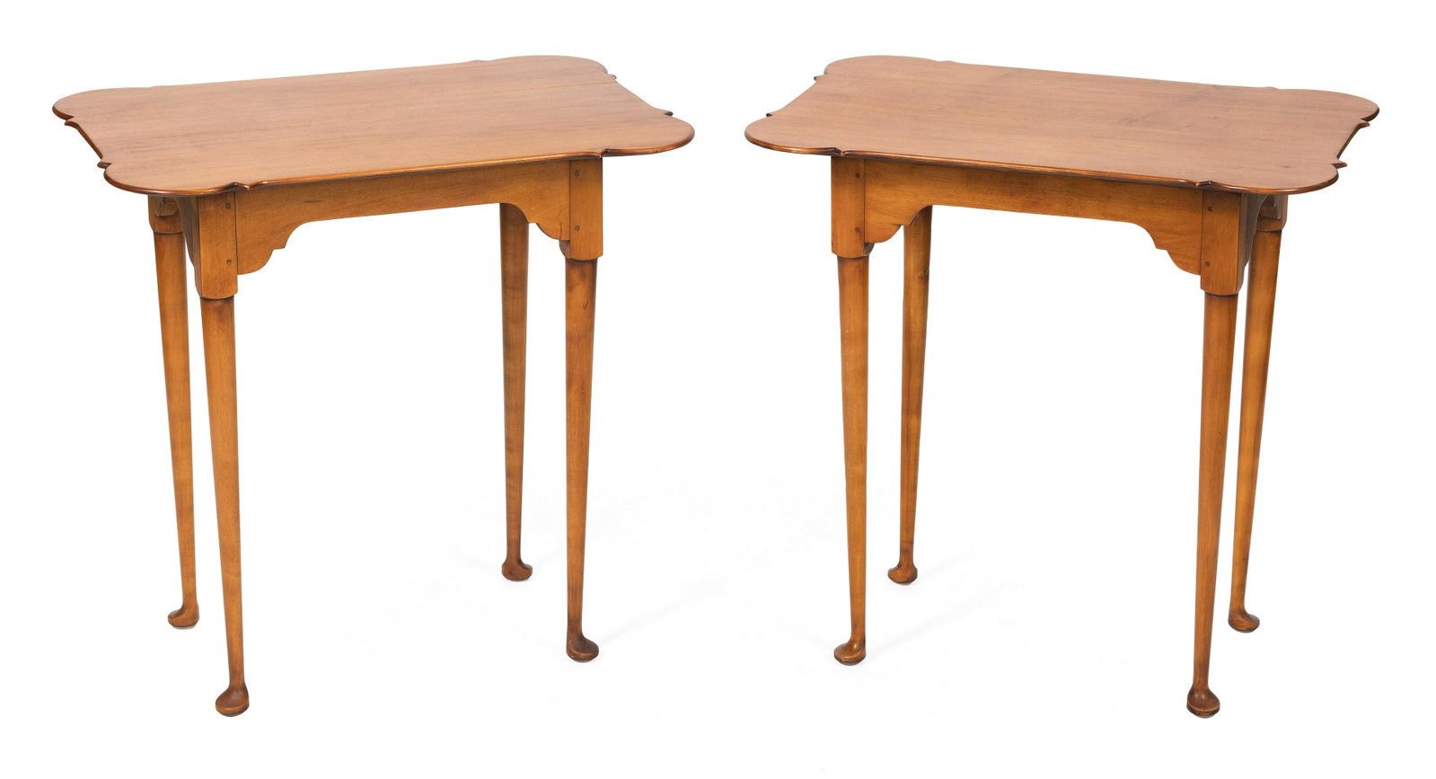 PAIR OF ELDRED WHEELER SIDE TABLES Massachusetts, 20th Century Heights 25.25”. Lengths: PAIR OF ELDRED WHEELER SIDE TABLES Massachusetts, 20th Century In maple, with porringer tops and tapered straight legs ending in diminutive pad feet. Both with Eldred Wheeler labels on undersides. Hei