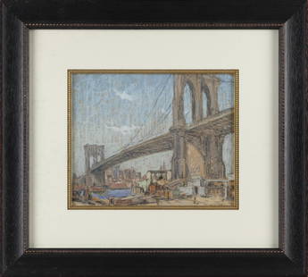 ALBERT VAN NESSE GREENE (Pennsylvania/District Of Columbia, 1887-1971), View of the Brooklyn Bridge,: ALBERT VAN NESSE GREENEPennsylvania/District Of Columbia, 1887-1971View of the Brooklyn Bridge, New York. Signed lower right "A.V. Greene".Pastel on paper, 8.5" x 10.25" sight. Fra