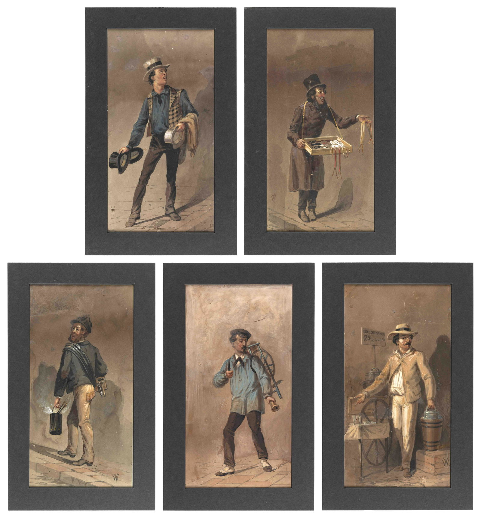 AMERICAN SCHOOL (19th Century,), Five figural sketches., Watercolors on board, 10.5" x 5.75". (1 of 11)