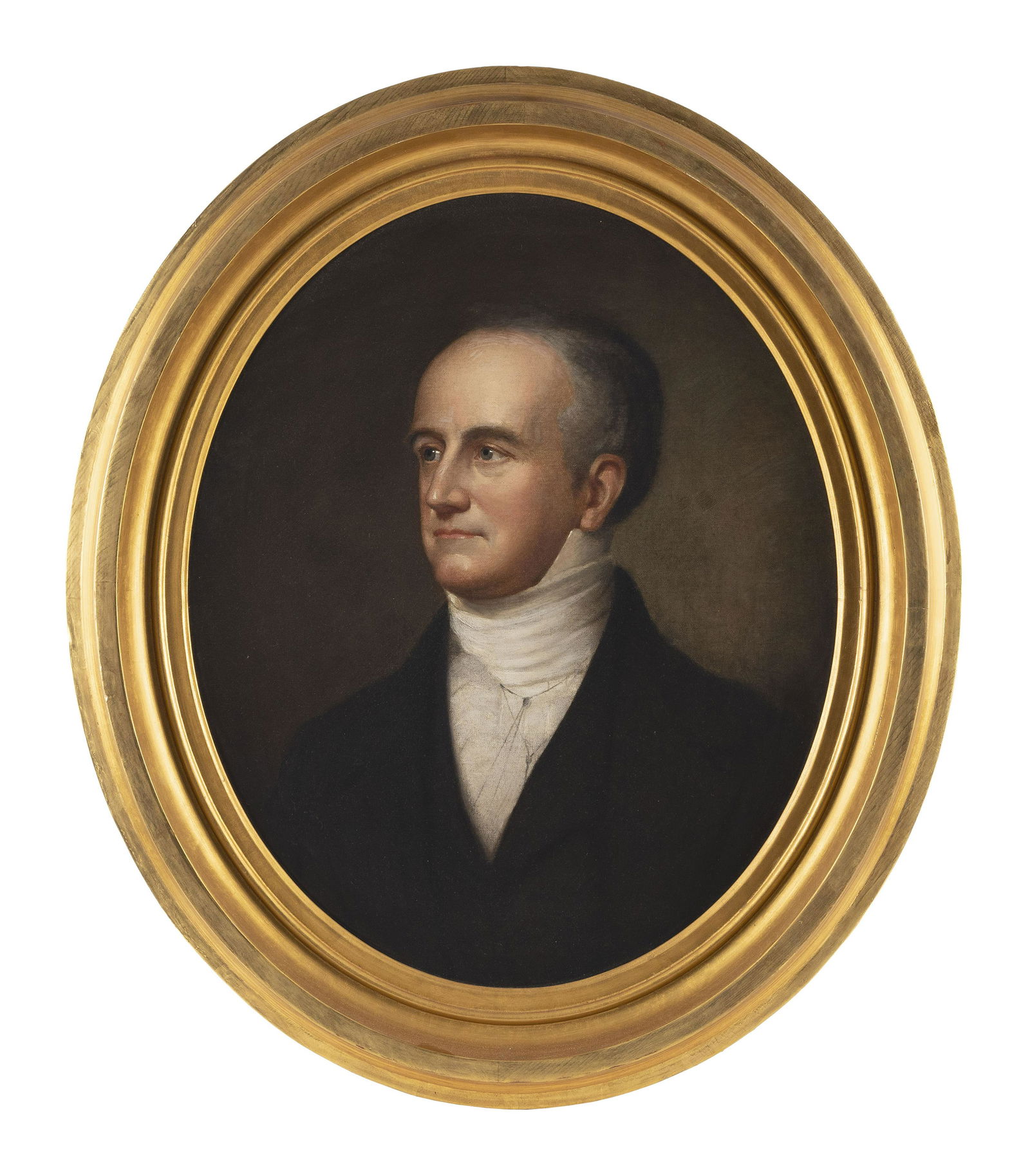 ATTRIBUTED TO CHESTER HARDING (Massachusetts, 1792-1866), Portrait of Abbott Lawrence., Oil on: ATTRIBUTED TO CHESTER HARDINGMassachusetts, 1792-1866Portrait of Abbott Lawrence. Unsigned. Sitter identified verso.Oil on canvas, oval 27" x 22". Framed 35" x 30". Provenance:An important New England