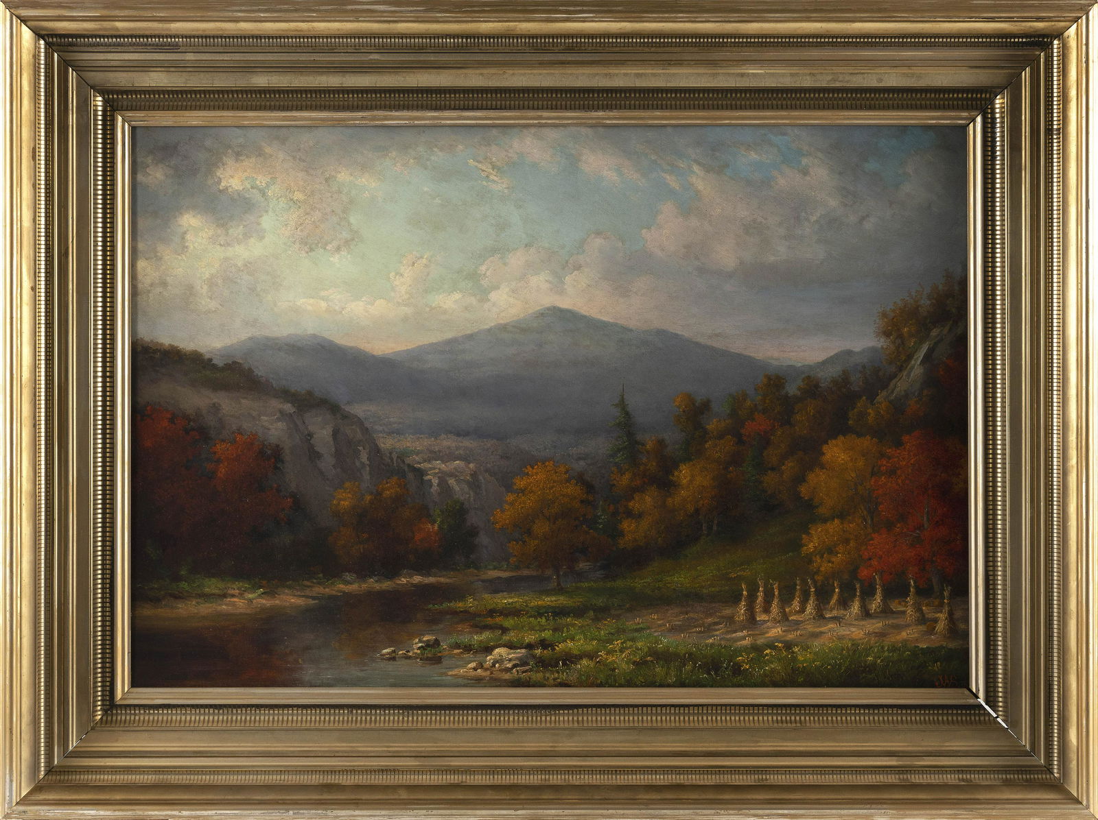 JOHN WHITE ALLEN SCOTT (Massachusetts, 1815-1907), View of a mountain, likely New Hampshire's Mount: JOHN WHITE ALLEN SCOTTMassachusetts, 1815-1907View of a mountain, likely New Hampshire's Mount Washington. Signed with the artist's monogram lower right.Oil on canvas, 20" x 30". Framed 28&q