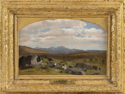 AARON DRAPER SHATTUCK (Connecticut/New Hampshire, 1832-1928), "Mt. Lafayette"., Oil on canvas, 11" x: AARON DRAPER SHATTUCKConnecticut/New Hampshire, 1832-1928"Mt. Lafayette". Signed with the artist's stamp lower left "A.D. Shattuck". Titled on frame plaque.Oil on canvas, 11" x 17". Framed 17" x 23".