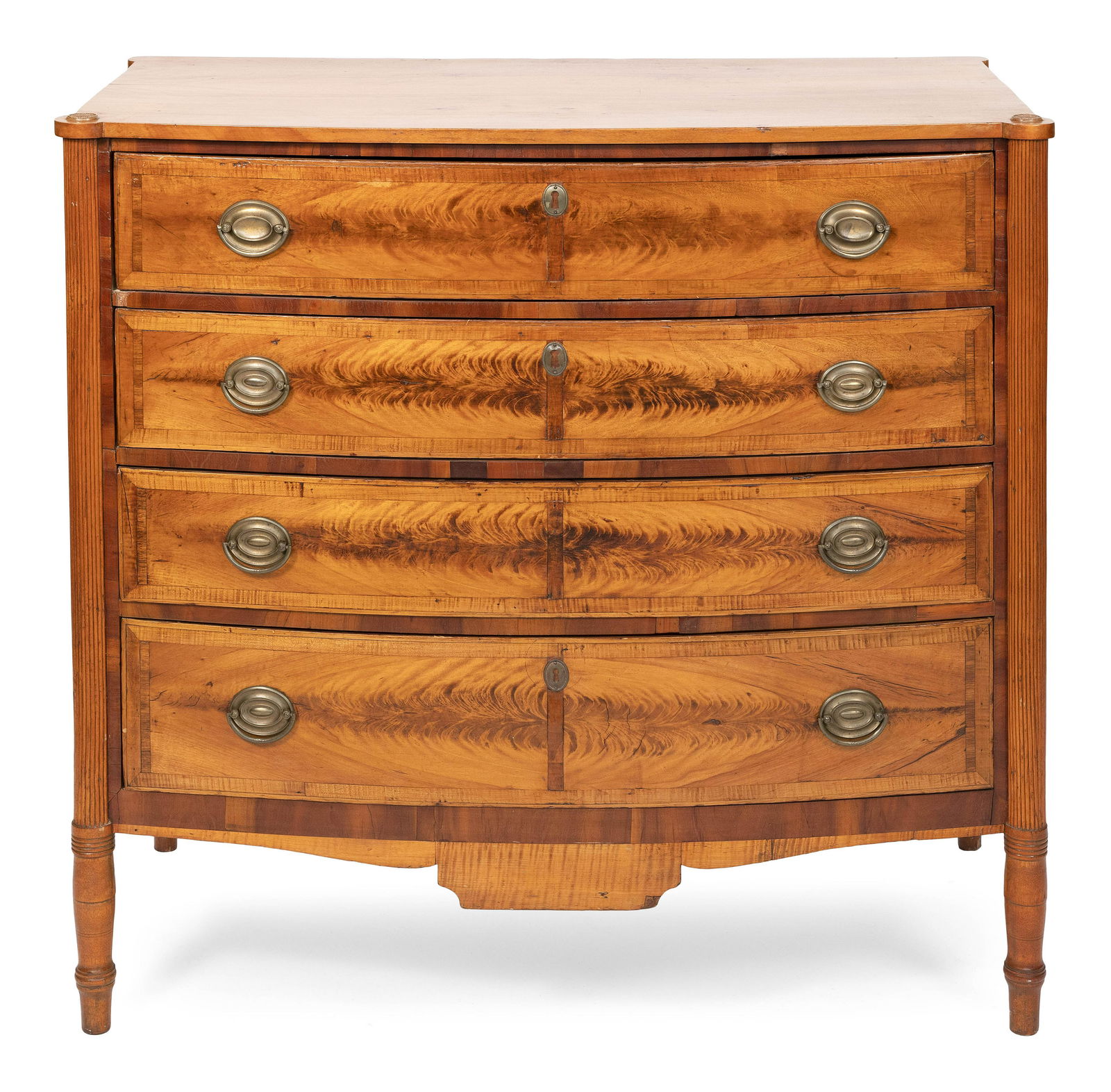 SHERATON BOWFRONT BUREAU Portsmouth, New Hampshire, Circa 1810 Height 40”. Width 42.5”. (1 of 3)