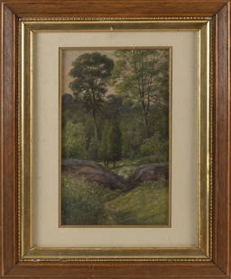 JAMES BRADE SWORD (Pennsylvania, 1839-1915), Forest interior., Watercolor on paper, 19.25" x 11.5": JAMES BRADE SWORDPennsylvania, 1839-1915Forest interior. Signed lower right "J.B. Sword".Watercolor on paper, 19.25" x 11.5" sight. Framed 31" x 25". Dimensions: Watercol