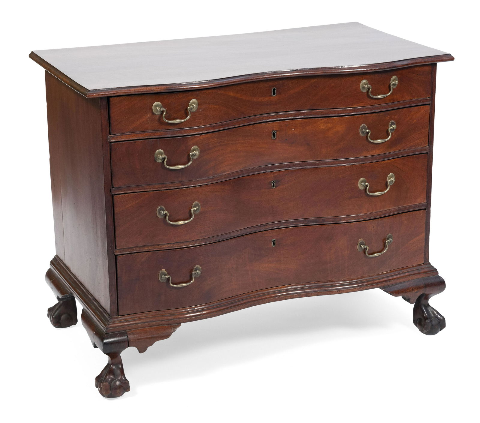 MASSACHUSETTS CHIPPENDALE SERPENTINE-FRONT BUREAU Circa 1780 Height 32.5”. Width 41”. (1 of 2)