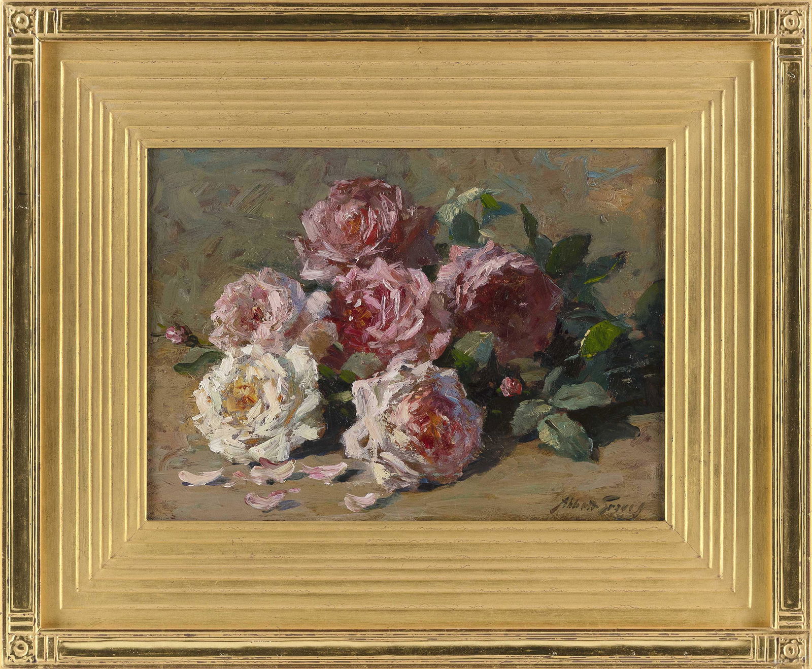 ABBOTT FULLER GRAVES (Massachusetts/Maine, 1859-1936), Roses., Oil on canvas, 10" x 14". Framed 18": ABBOTT FULLER GRAVESMassachusetts/Maine, 1859-1936Roses. Signed lower right "Abbott Graves".Oil on canvas, 10" x 14". Framed 18" x 21.5". Dimensions: Oil on canvas, 10&qu
