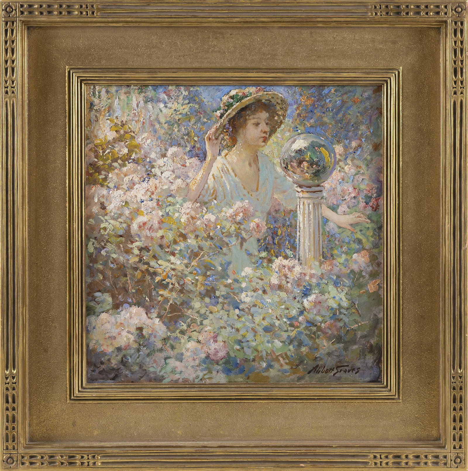 ABBOTT FULLER GRAVES (Massachusetts/Maine, 1859-1936), "The Gazing Globe"., Oil on board, 14" x 14".: ABBOTT FULLER GRAVESMassachusetts/Maine, 1859-1936"The Gazing Globe". Signed lower right "Abbott Graves". Titled on Salmagundi Club label verso. Housed in likely its original hand-