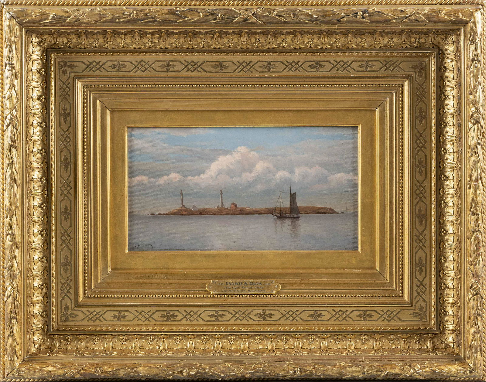 FRANCIS AUGUSTUS SILVA (New York, 1835-1886), "Twin lights Thatcher Island, Cape Ann, Gloucester: FRANCIS AUGUSTUS SILVANew York, 1835-1886"Twin lights Thatcher Island, Cape Ann, Gloucester Massachusetts". Signed lower left "F.A. Silva". Titled on frame plaque.Oil on canvas, 7&