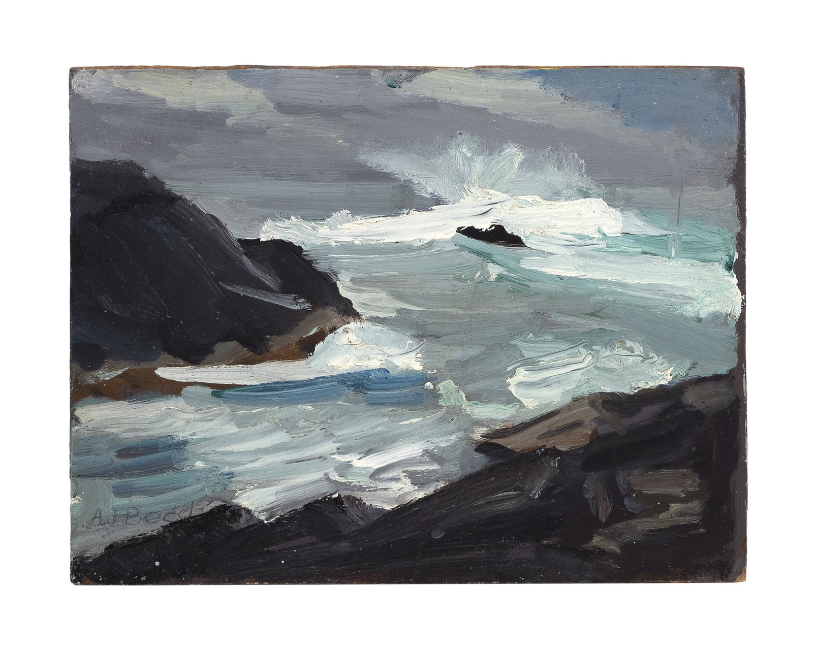 ABRAHAM JACOB BOGDANOVE (New York/Maine/Russian Federation, 1887-1946), Coastal scene., Oil on: ABRAHAM JACOB BOGDANOVENew York/Maine/Russian Federation, 1887-1946Coastal scene. Signed lower left "A.J. Bogdanove".Oil on masonite, 8" x 10". Unframed. Dimensions: Oil on masonit