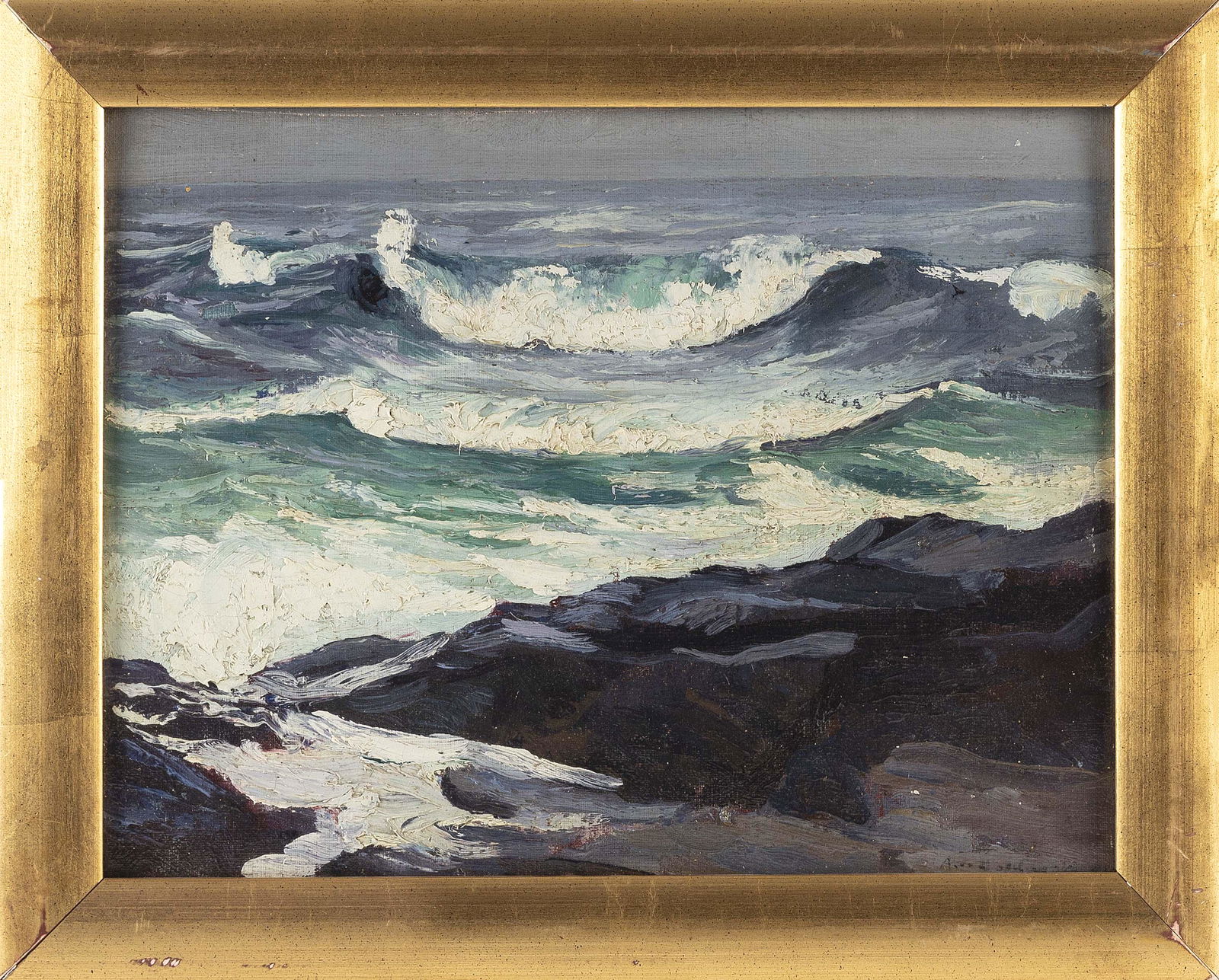 ABRAHAM JACOB BOGDANOVE (New York/Maine/Russian Federation, 1887-1946), “Crashing Surf”: ABRAHAM JACOB BOGDANOVENew York/Maine/Russian Federation, 1887-1946“Crashing Surf”. Signed lower right “A. Bogdanove”. Titled on label verso.Oil on board, 12” x 15.5̶