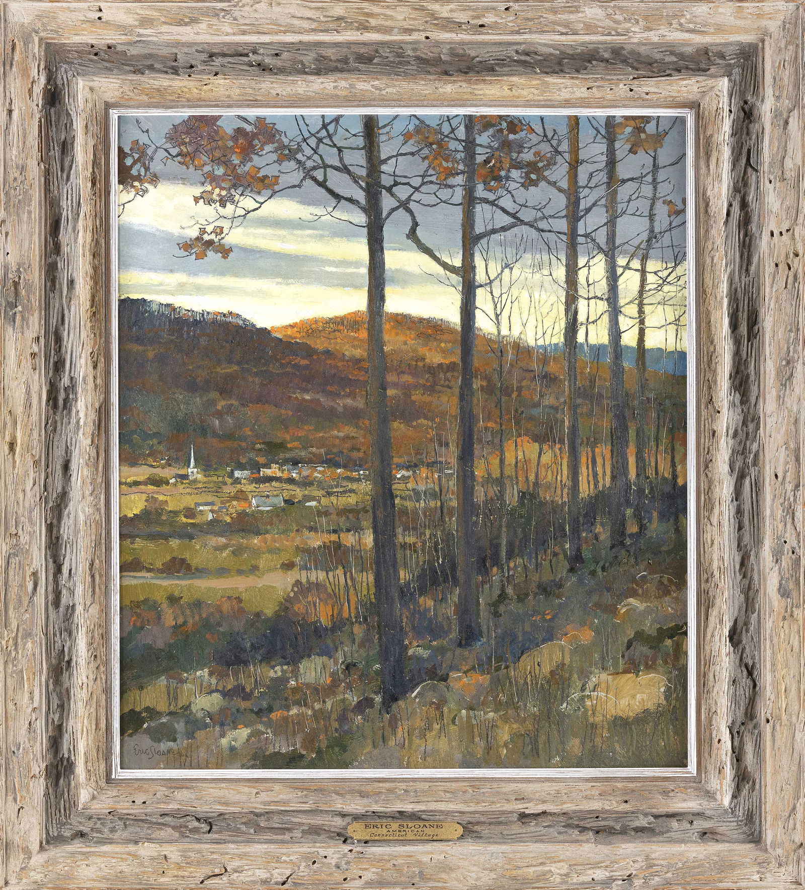 ERIC SLOANE (New York/Connecticut, 1905/10-1985), "Connecticut Village"., Oil on board, 24" x 20.5".: ERIC SLOANENew York/Connecticut, 1905/10-1985"Connecticut Village". Signed lower left "Eric Sloane". Illegibly dated. Titled on label verso.Oil on board, 24" x 20.5". Framed 32" x 28.25". Dimensions: